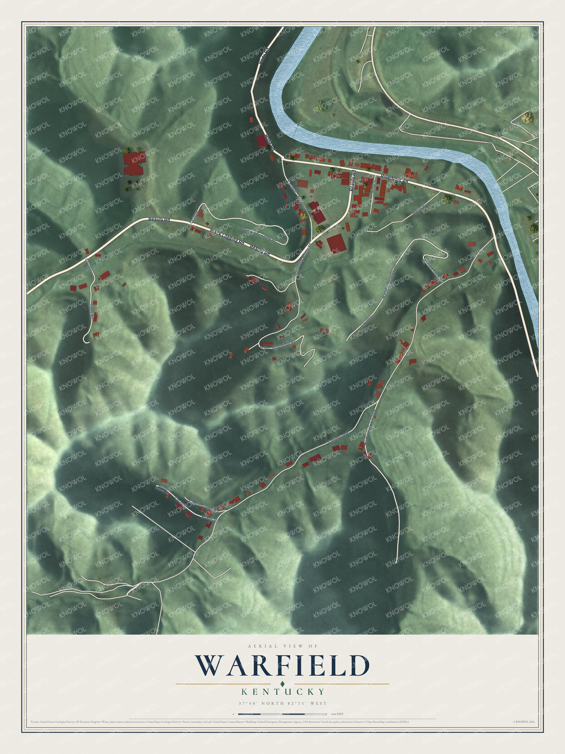 Full map of Warfield, Kentucky, with red buildings, printed street names and the land around them