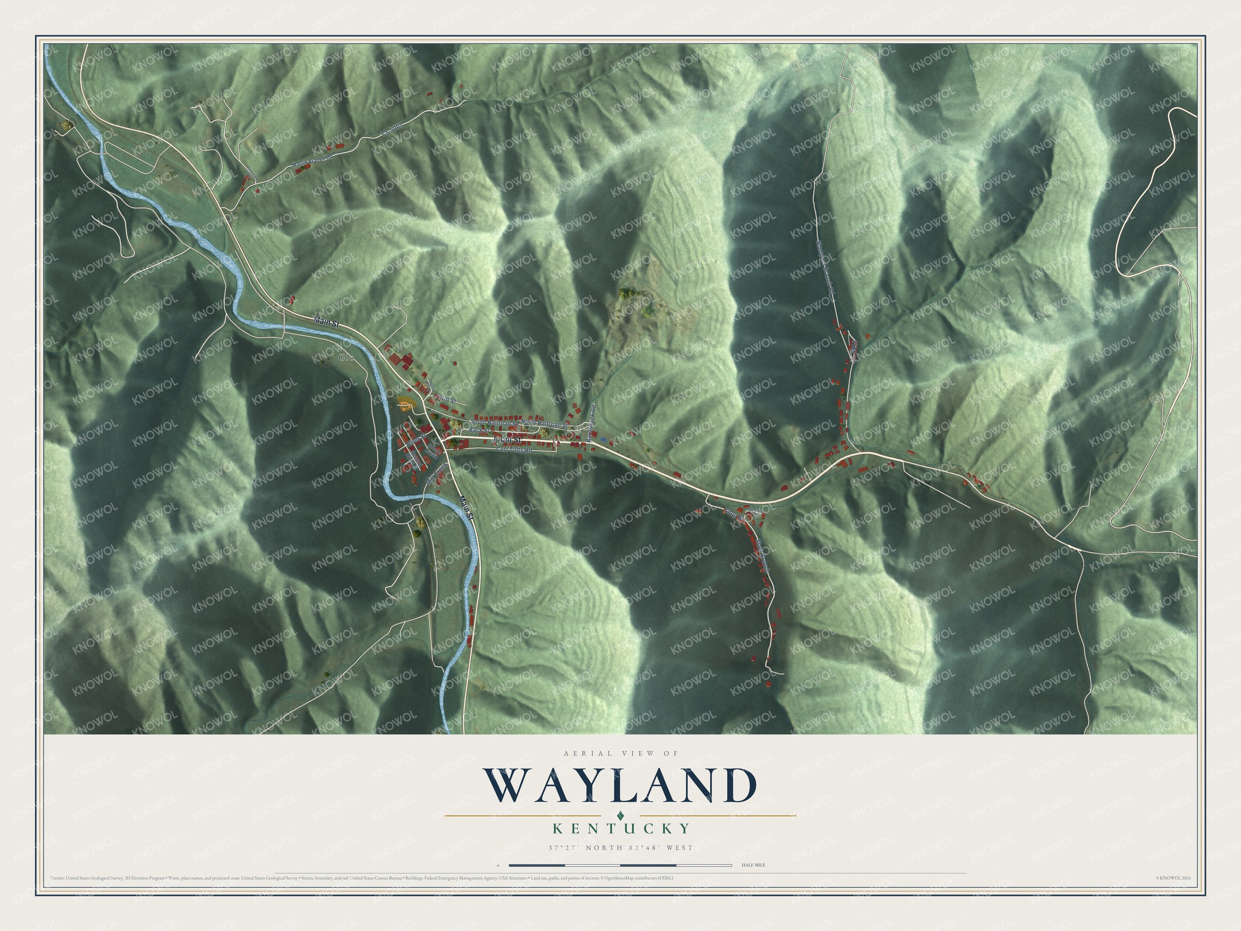 Full map of Wayland, Kentucky, with red buildings, printed street names and the land around them
