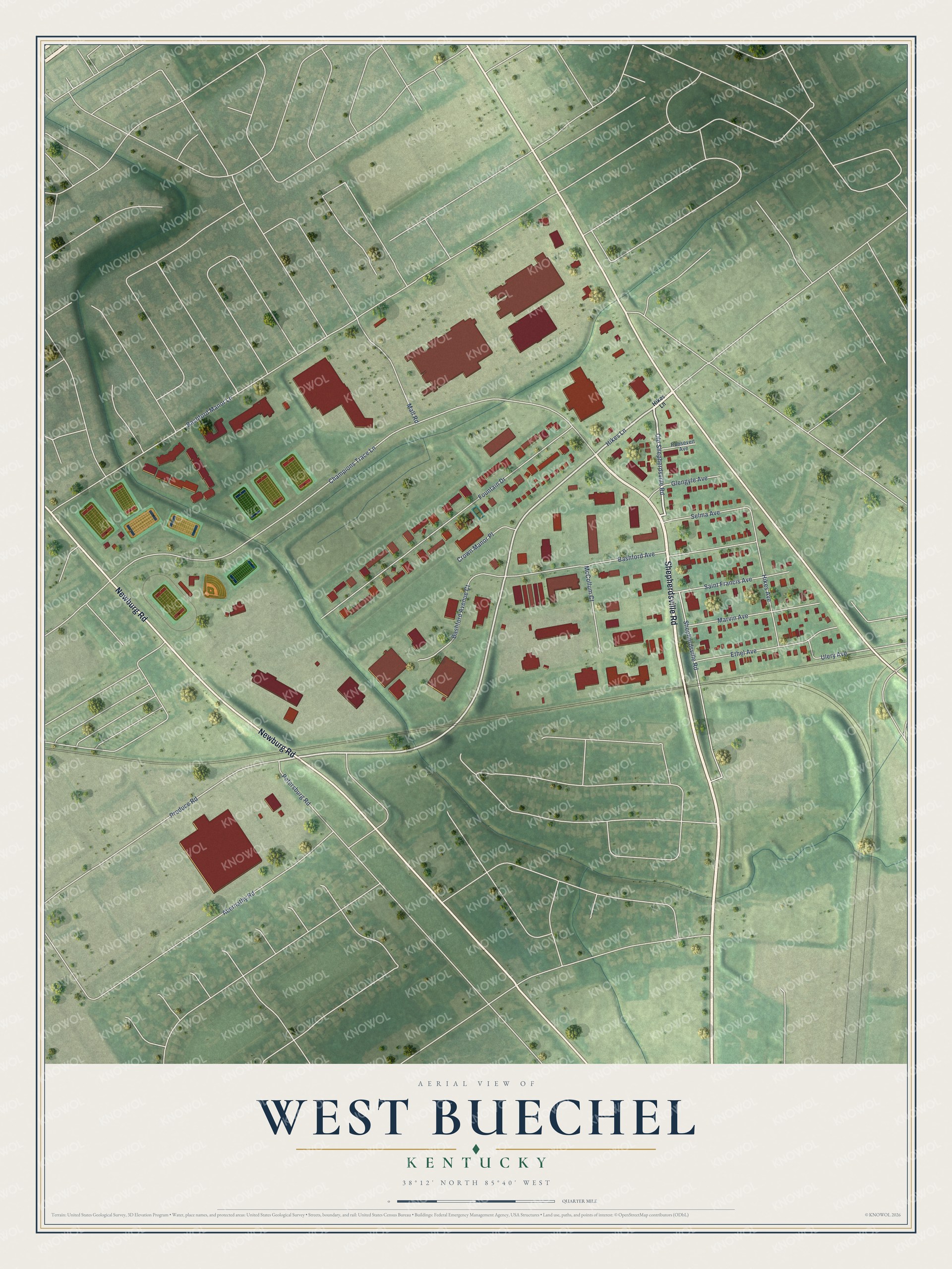Full map of West Buechel, Kentucky, with red buildings, printed street names and the land around them