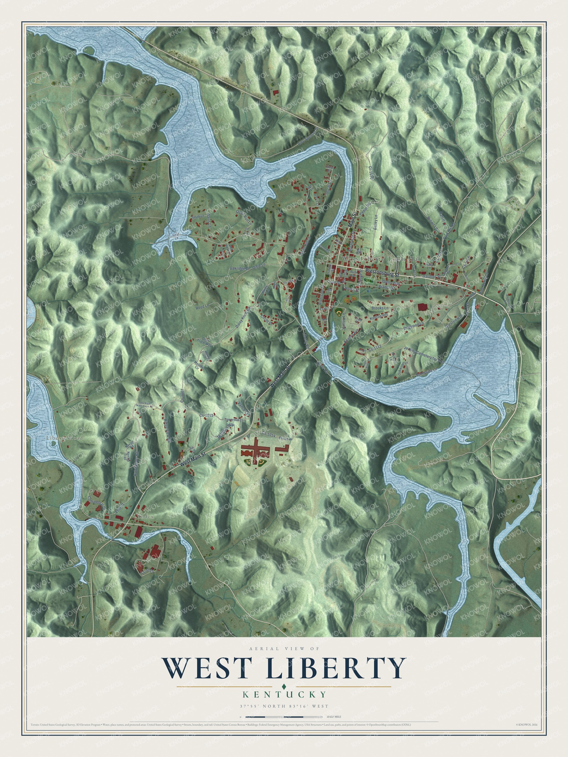 Full map of West Liberty, Kentucky, with red buildings, printed street names and the land around them