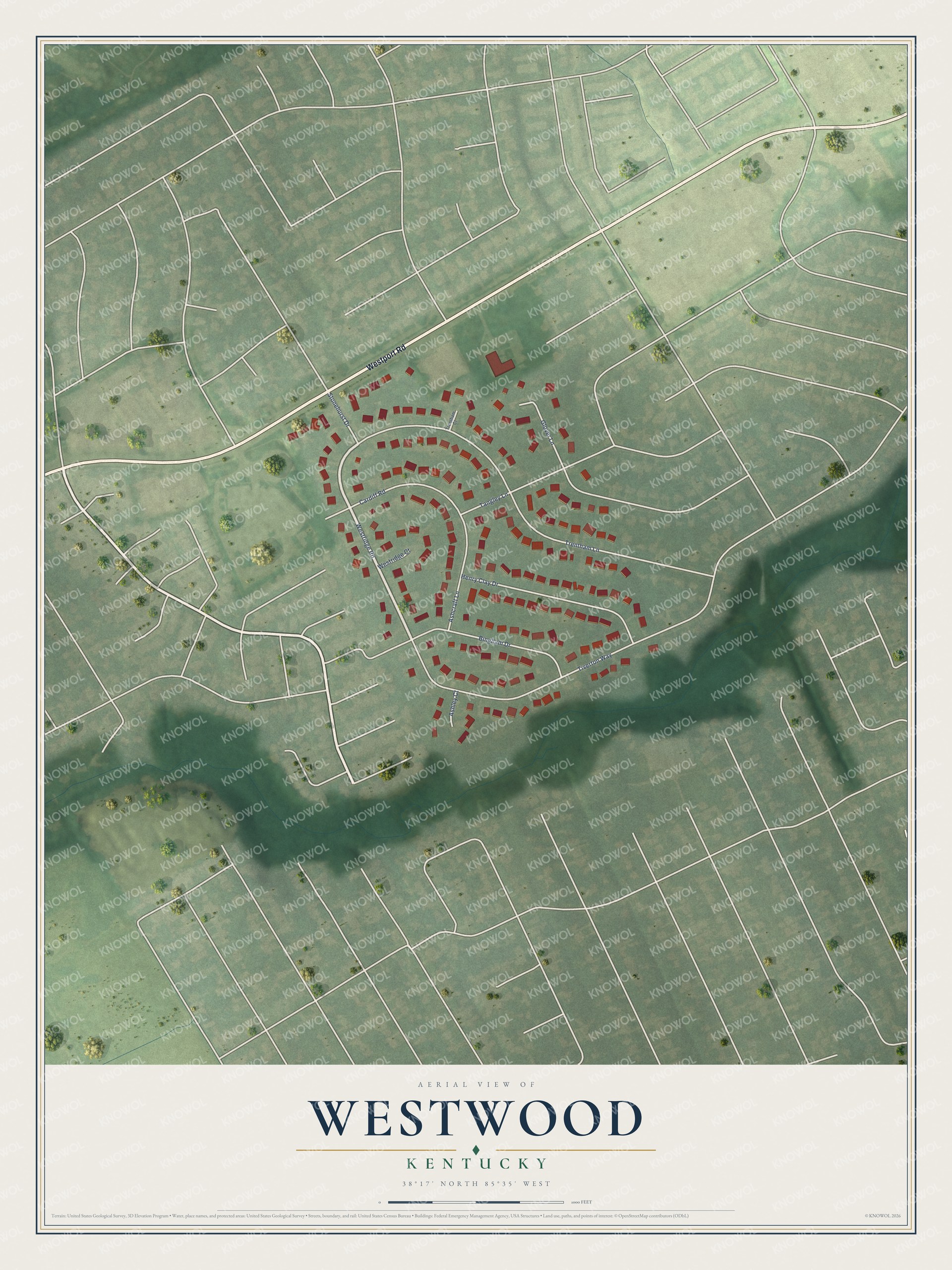Full map of Westwood, Kentucky, with red buildings, printed street names and the land around them