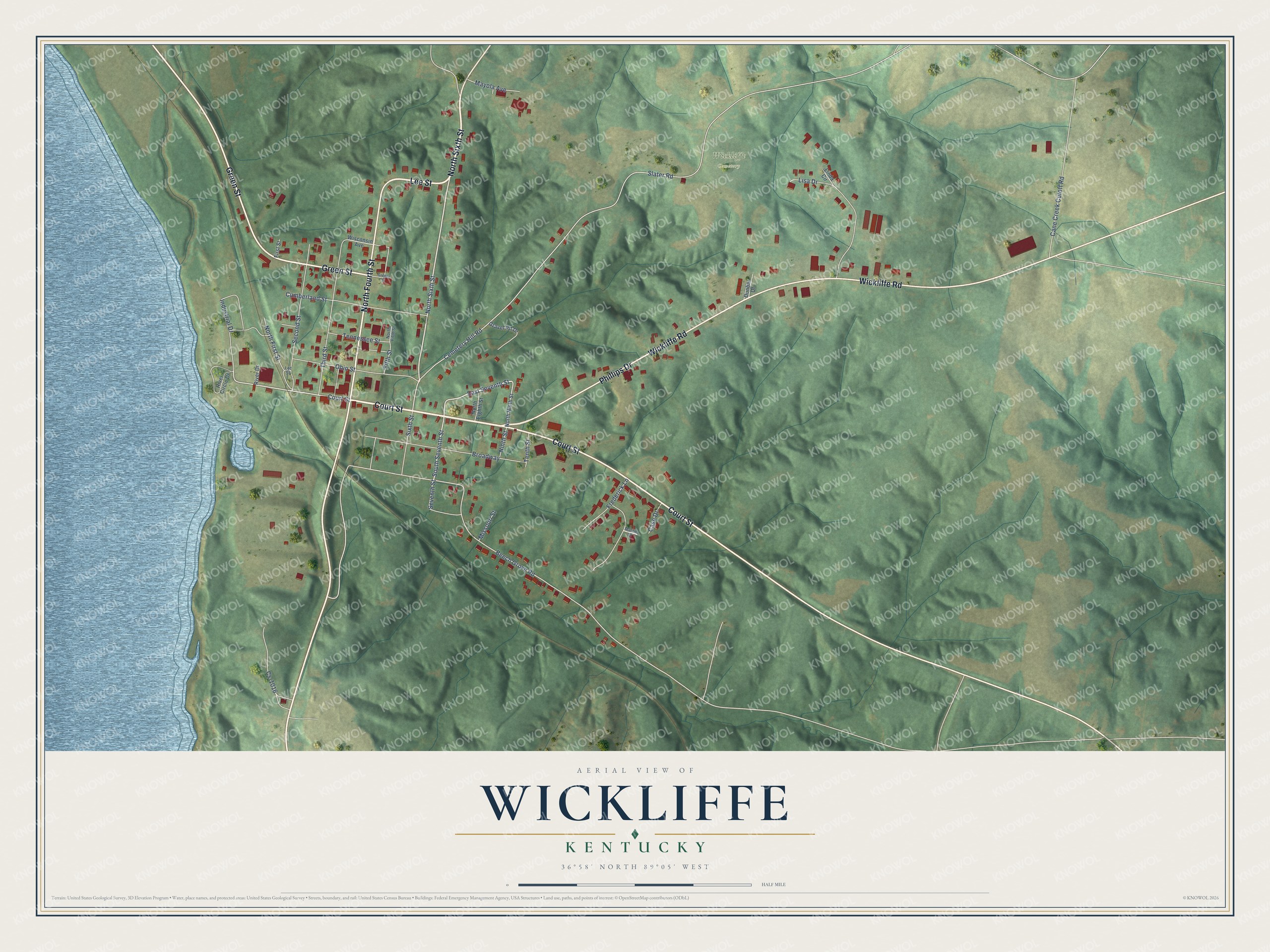Full map of Wickliffe, Kentucky, with red buildings, printed street names and the land around them