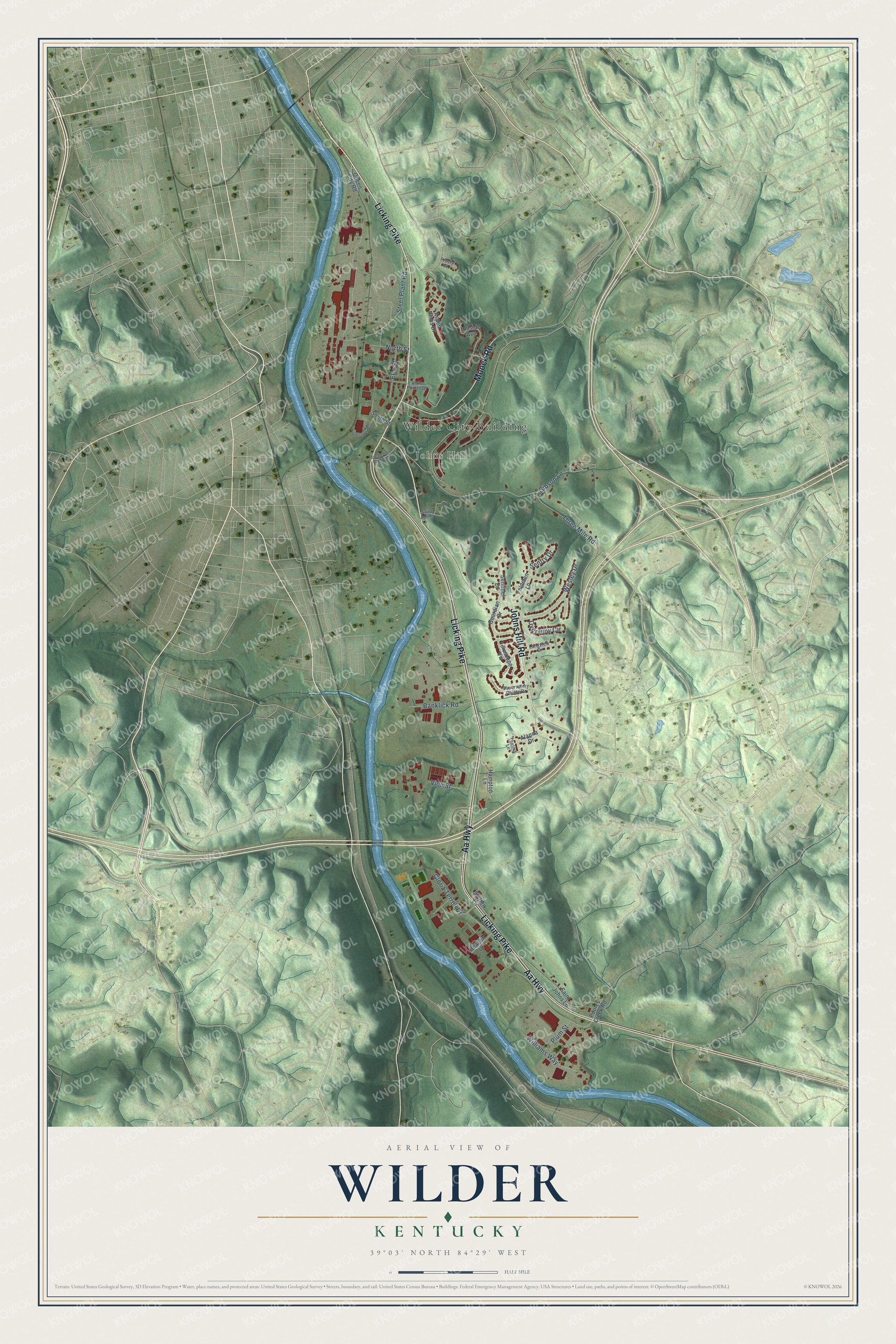 Full map of Wilder, Kentucky, with red buildings, printed street names and the land around them
