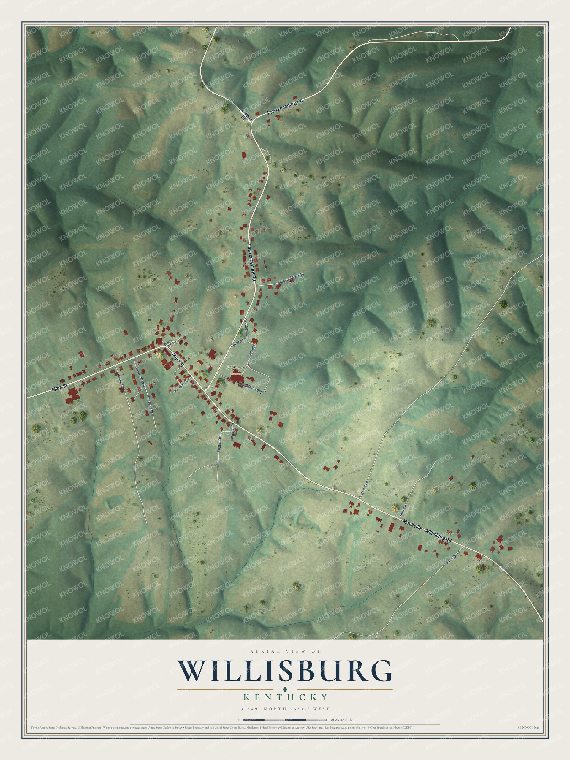 Full map of Willisburg, Kentucky, with red buildings, printed street names and the land around them