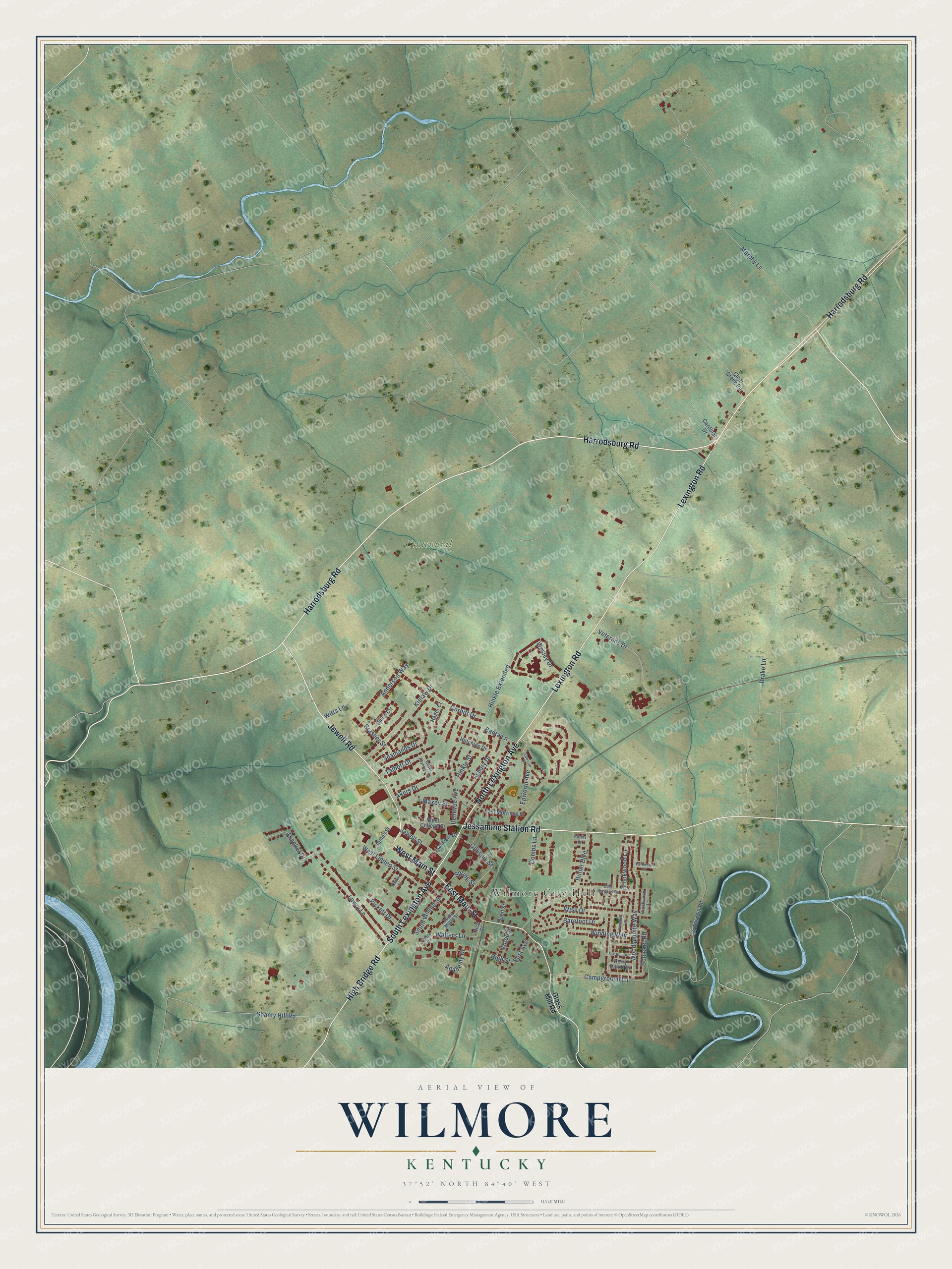 Full map of Wilmore, Kentucky, with red buildings, printed street names and the land around them