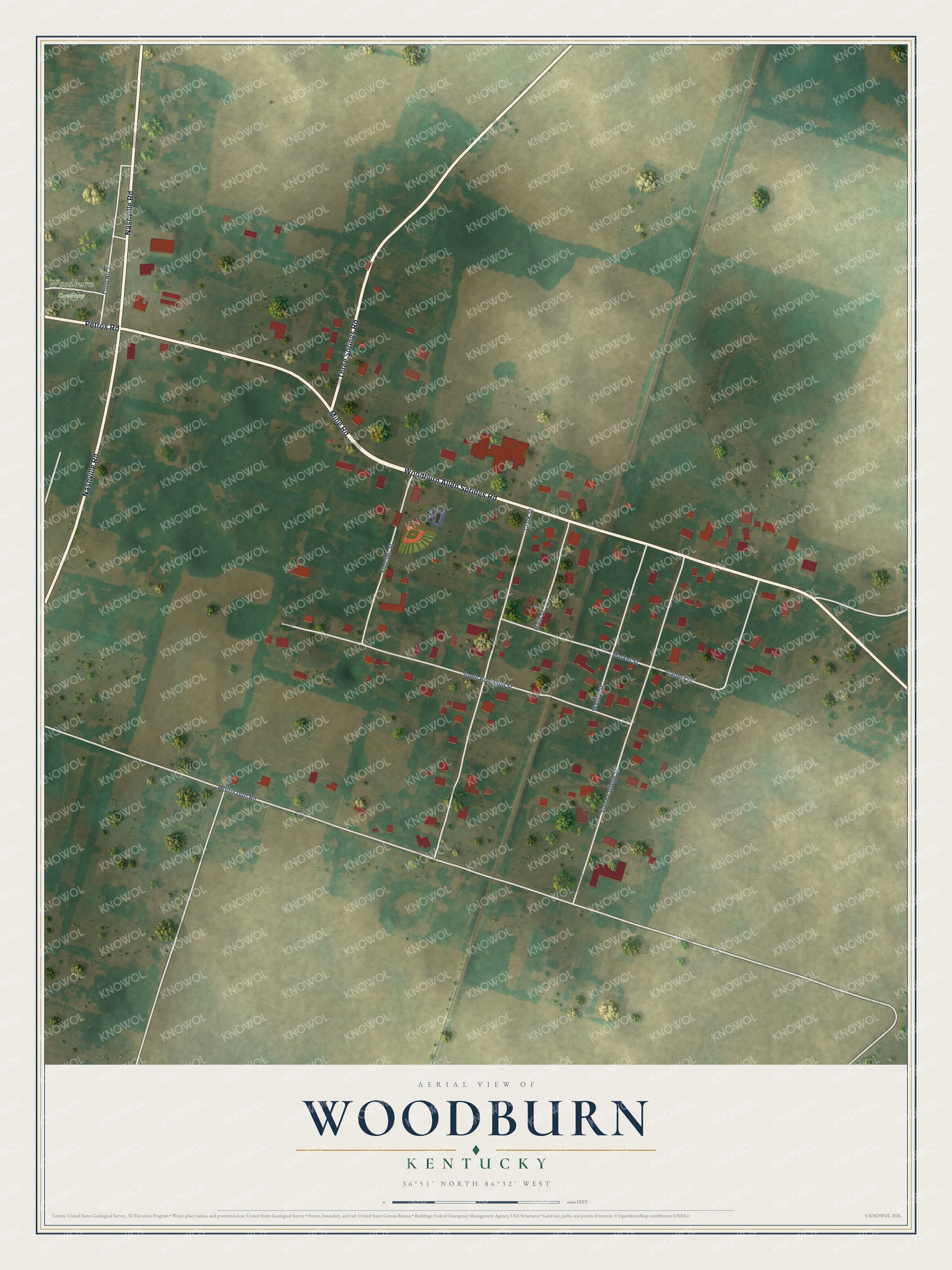 Full map of Woodburn, Kentucky, with red buildings, printed street names and the land around them