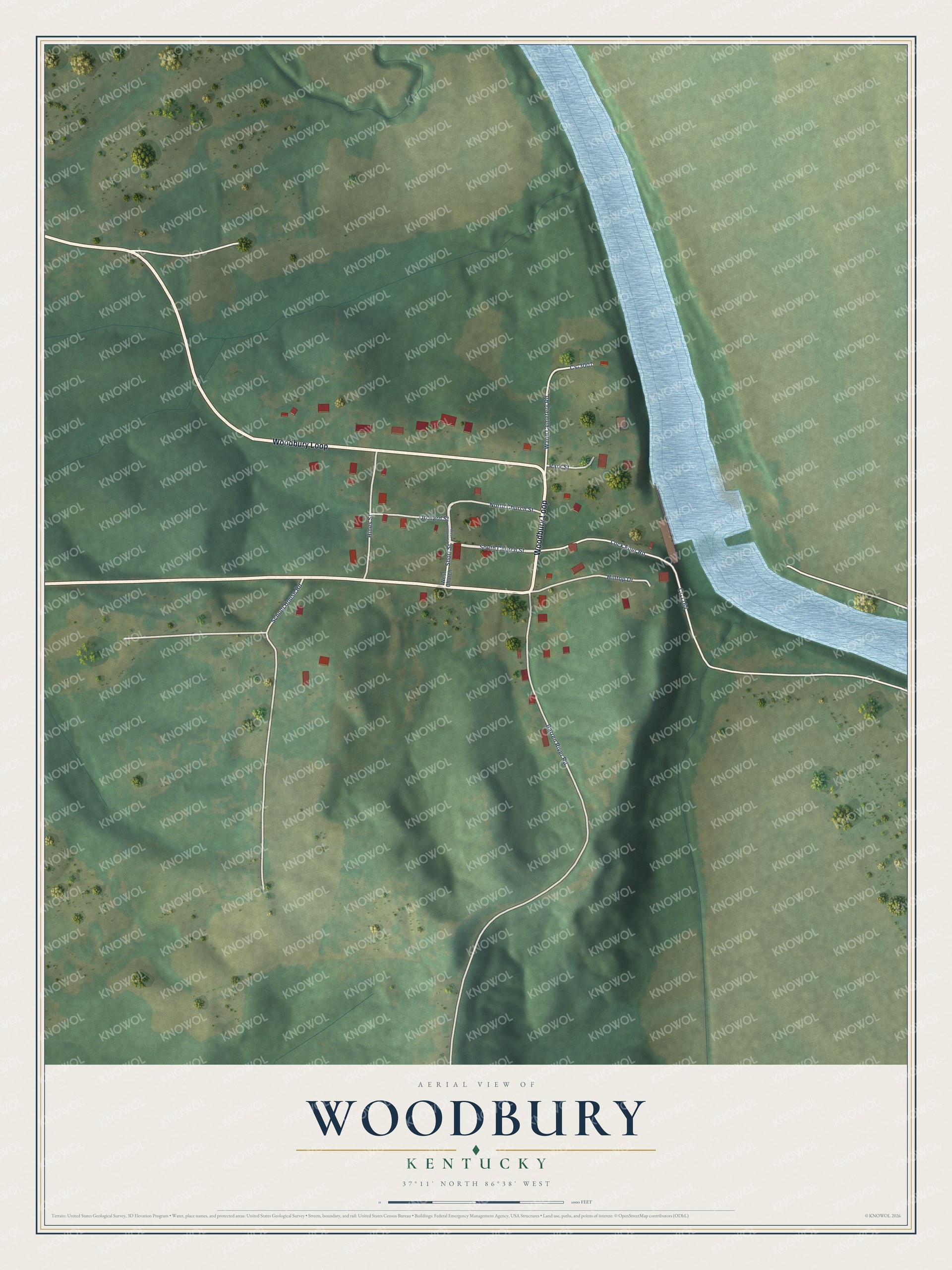 Full map of Woodbury, Kentucky, with red buildings, printed street names and the land around them