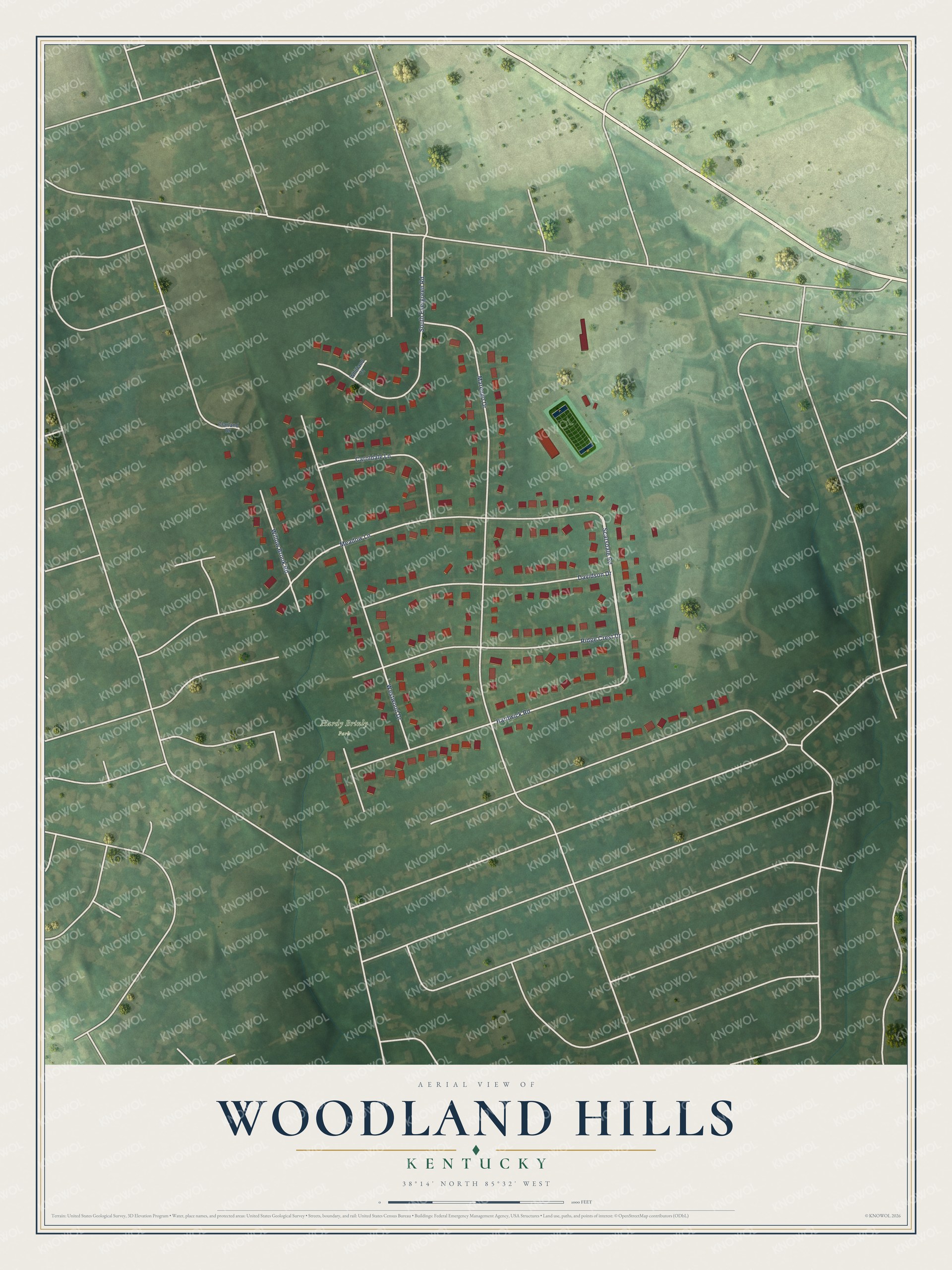 Full map of Woodland Hills, Kentucky, with red buildings, printed street names and the land around them
