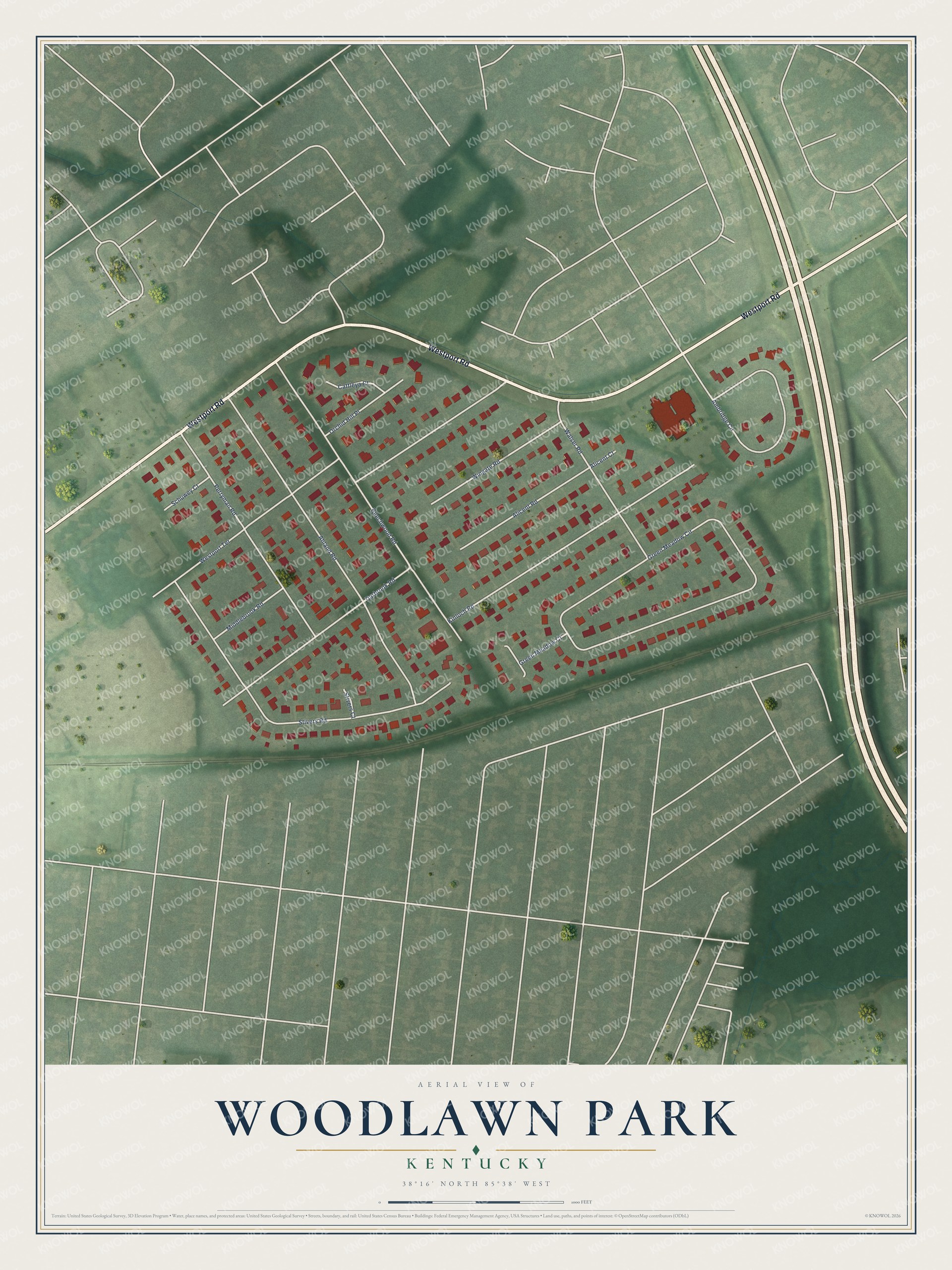 Full map of Woodlawn Park, Kentucky, with red buildings, printed street names and the land around them