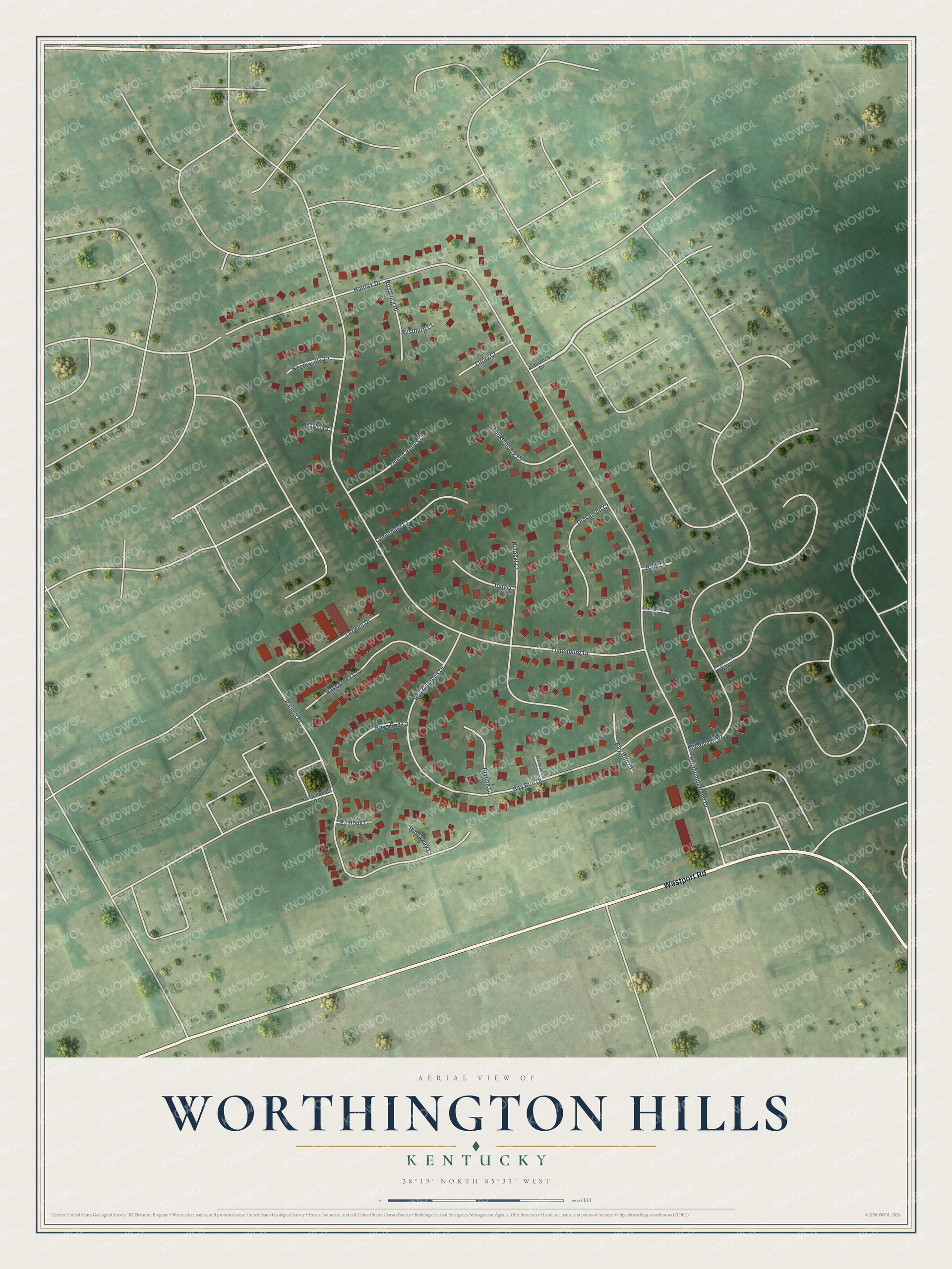 Full map of Worthington Hills, Kentucky, with red buildings, printed street names and the land around them