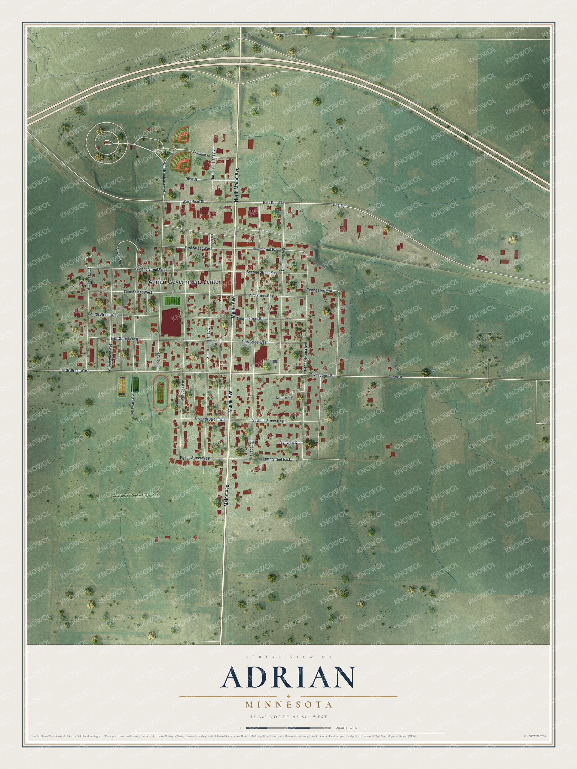 Watermarked full-map preview of Adrian, Minnesota
