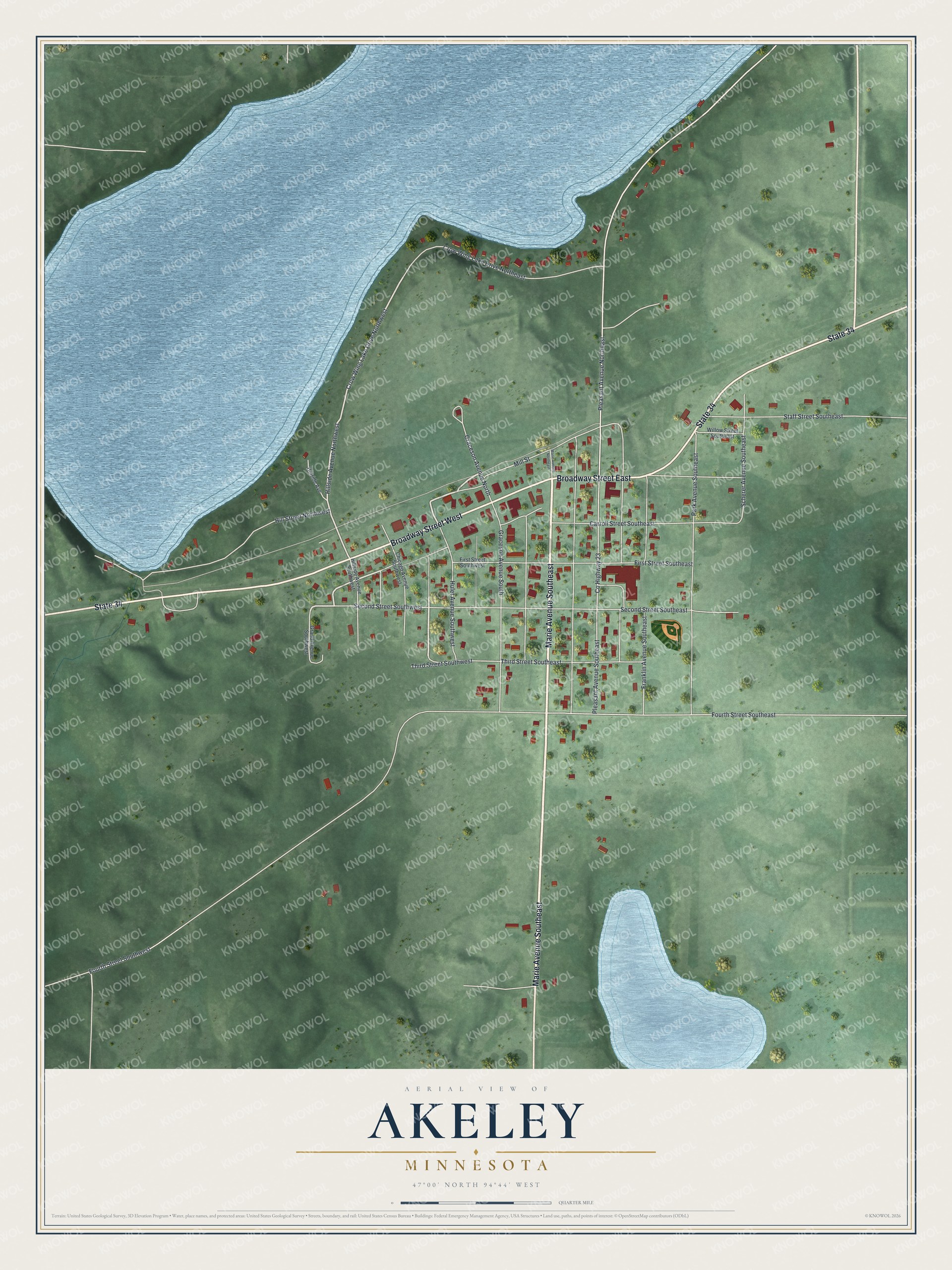 Full map of Akeley, Minnesota, with red buildings, printed street names and the land around them
