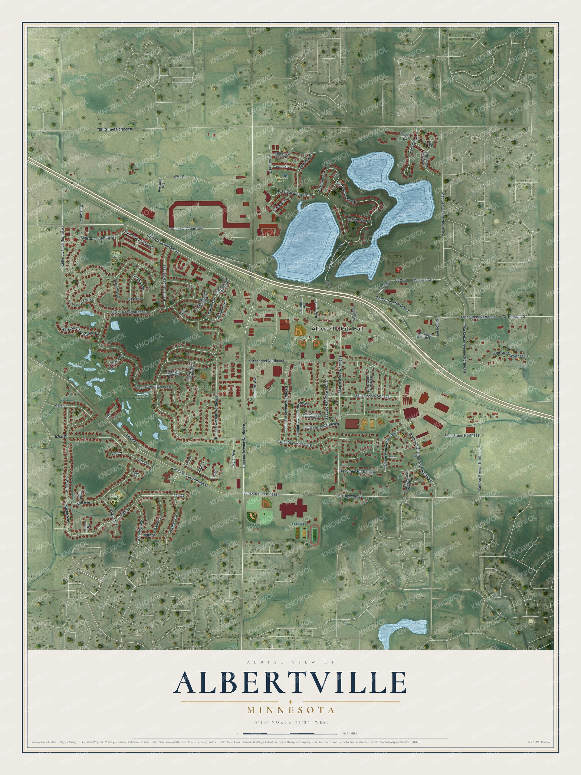 Full map of Albertville, Minnesota, with red buildings, printed street names and the land around them