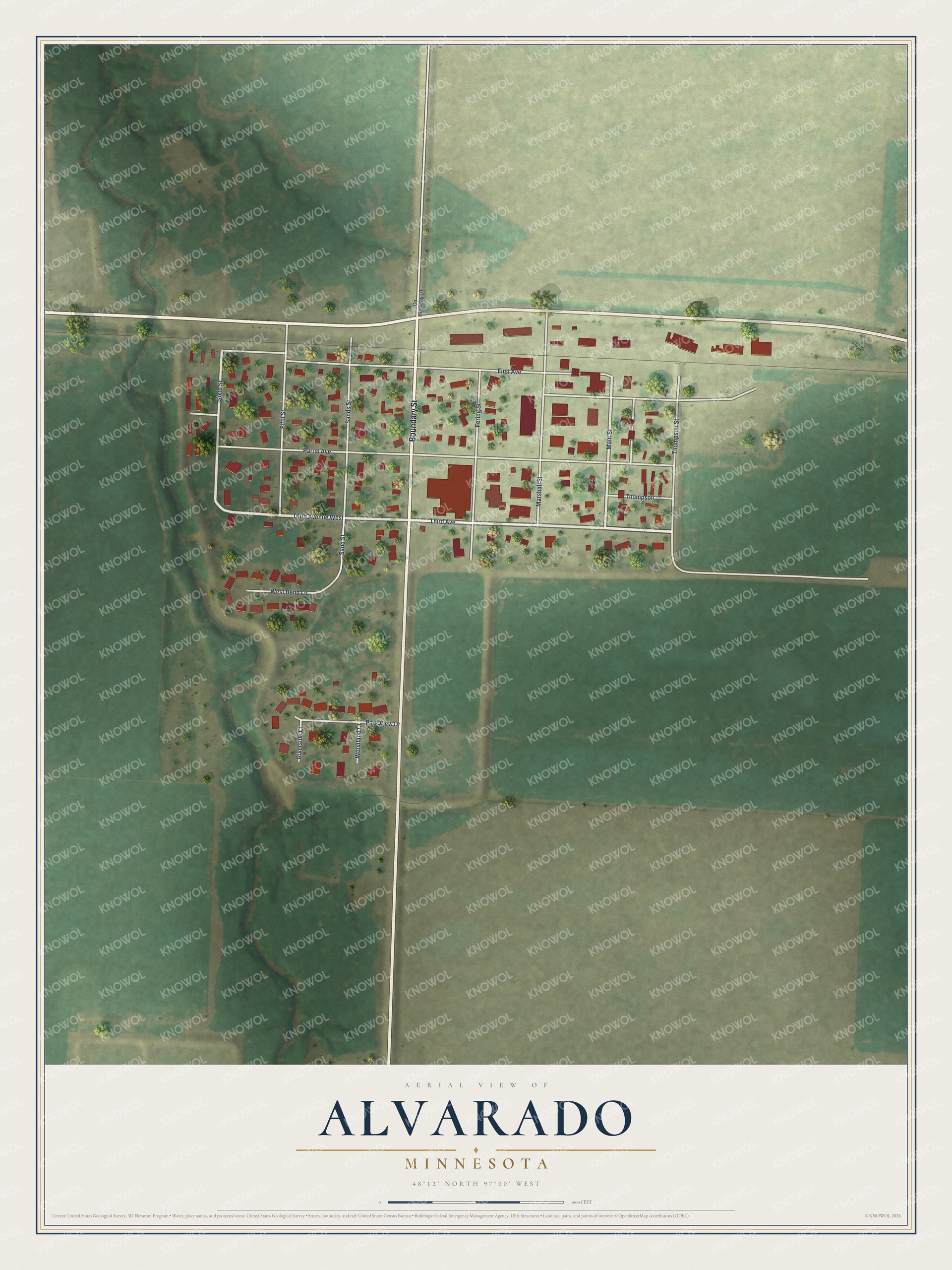 Full map of Alvarado, Minnesota, with red buildings, printed street names and the land around them