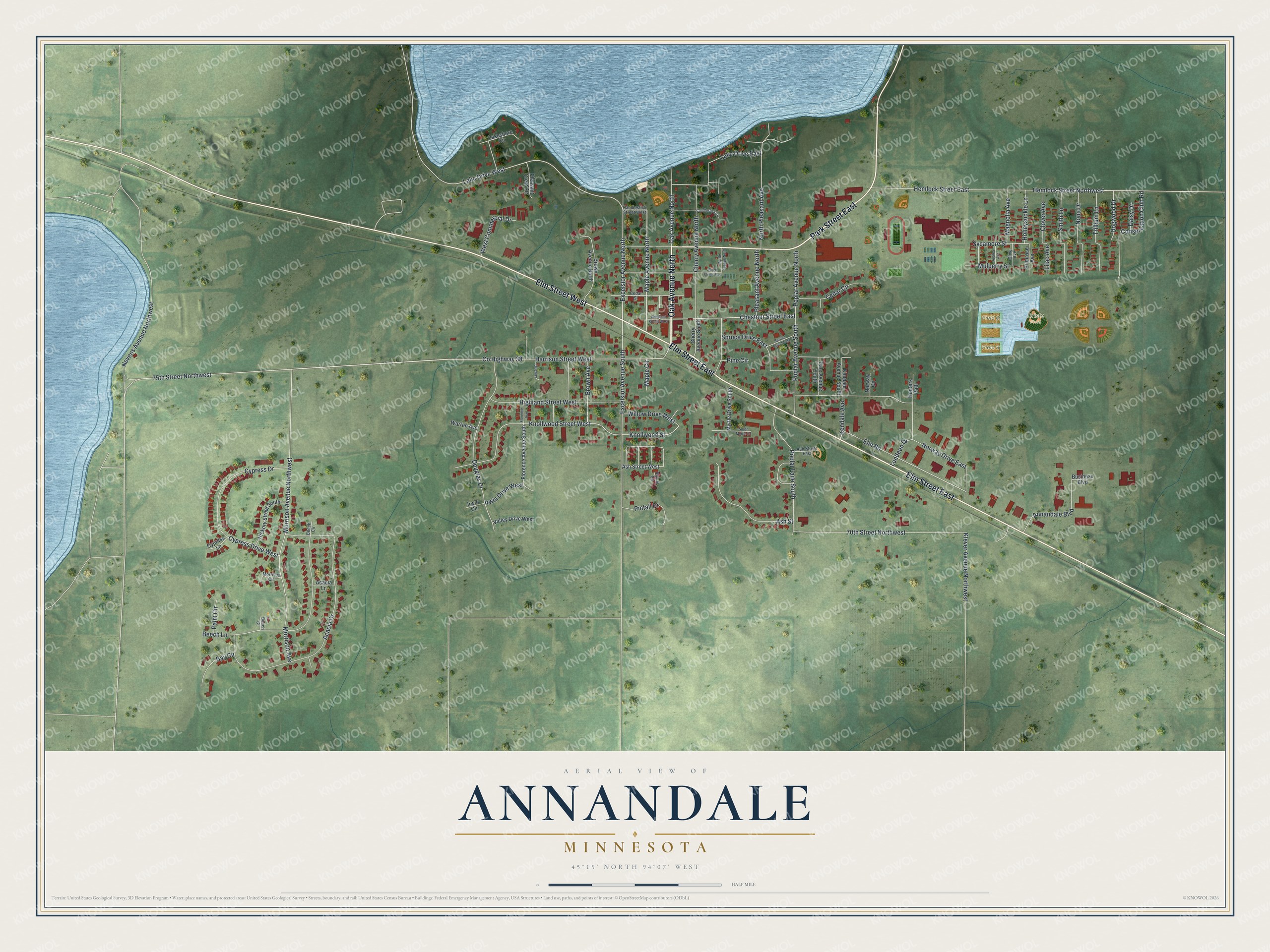 Full map of Annandale, Minnesota, with red buildings, printed street names and the land around them