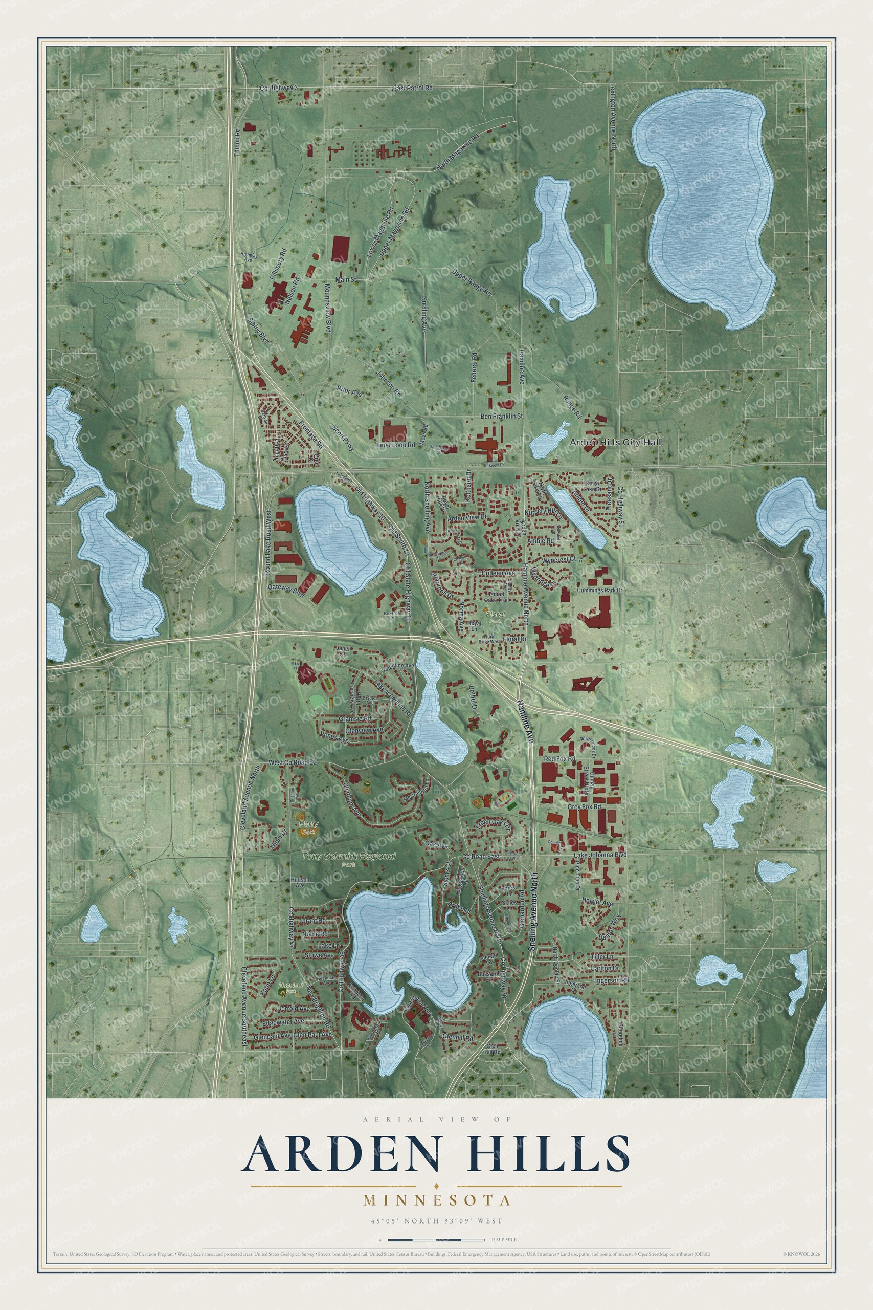 Full map of Arden Hills, Minnesota, with red buildings, printed street names and the land around them