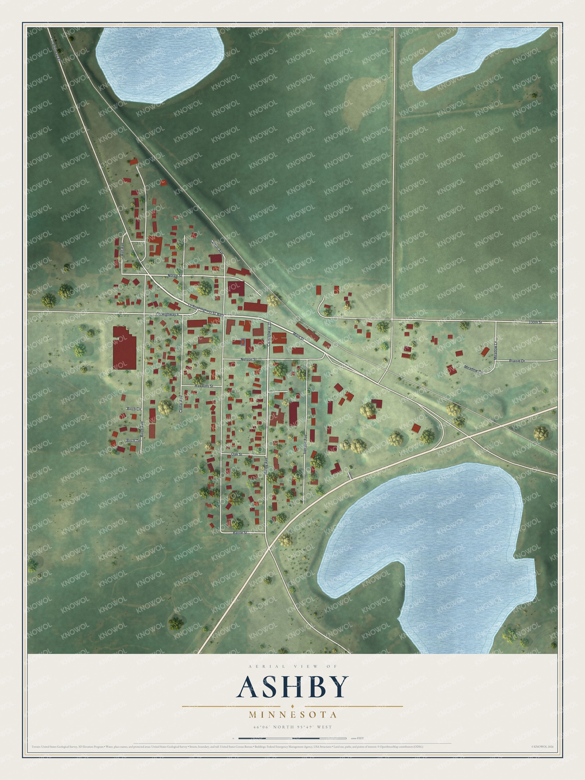 Full map of Ashby, Minnesota, with red buildings, printed street names and the land around them