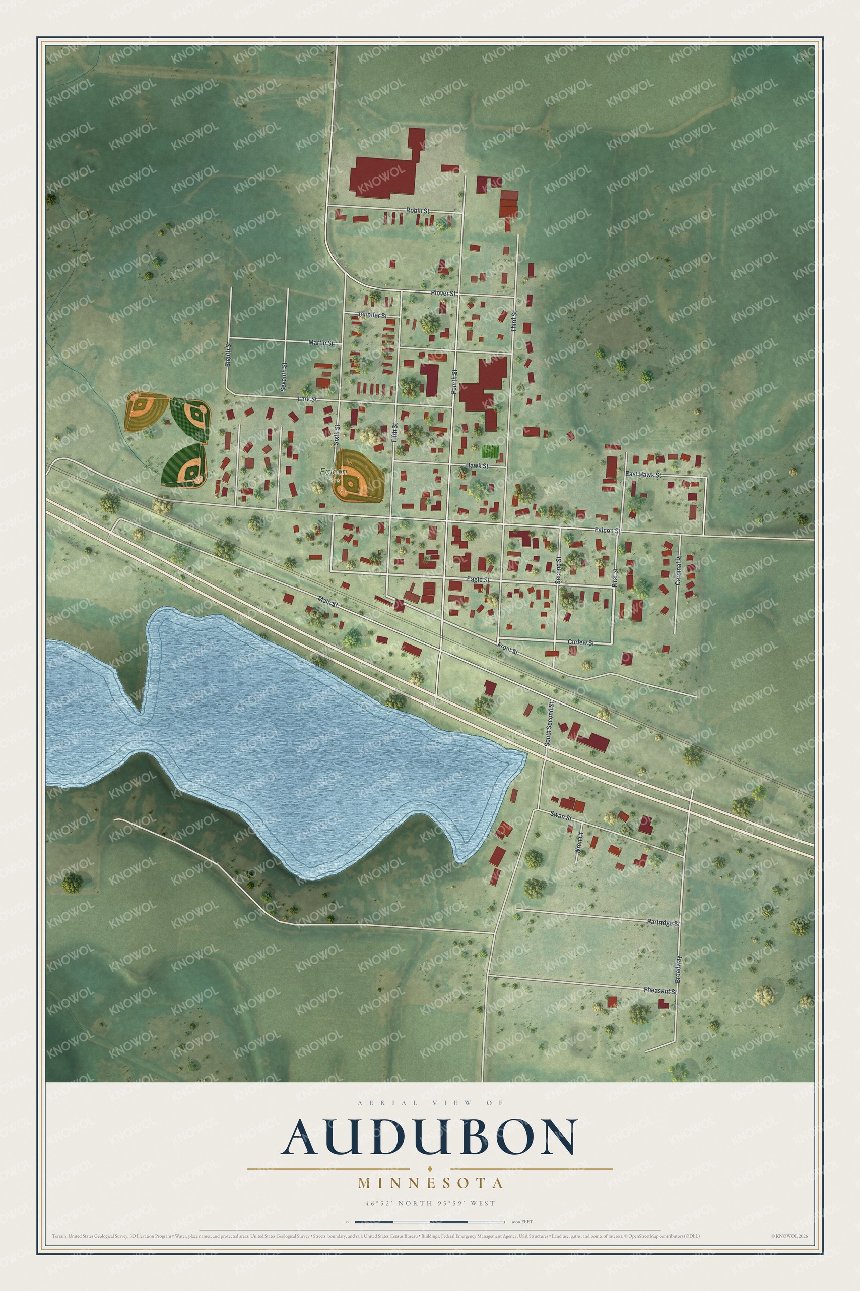 Full map of Audubon, Minnesota, with red buildings, printed street names and the land around them