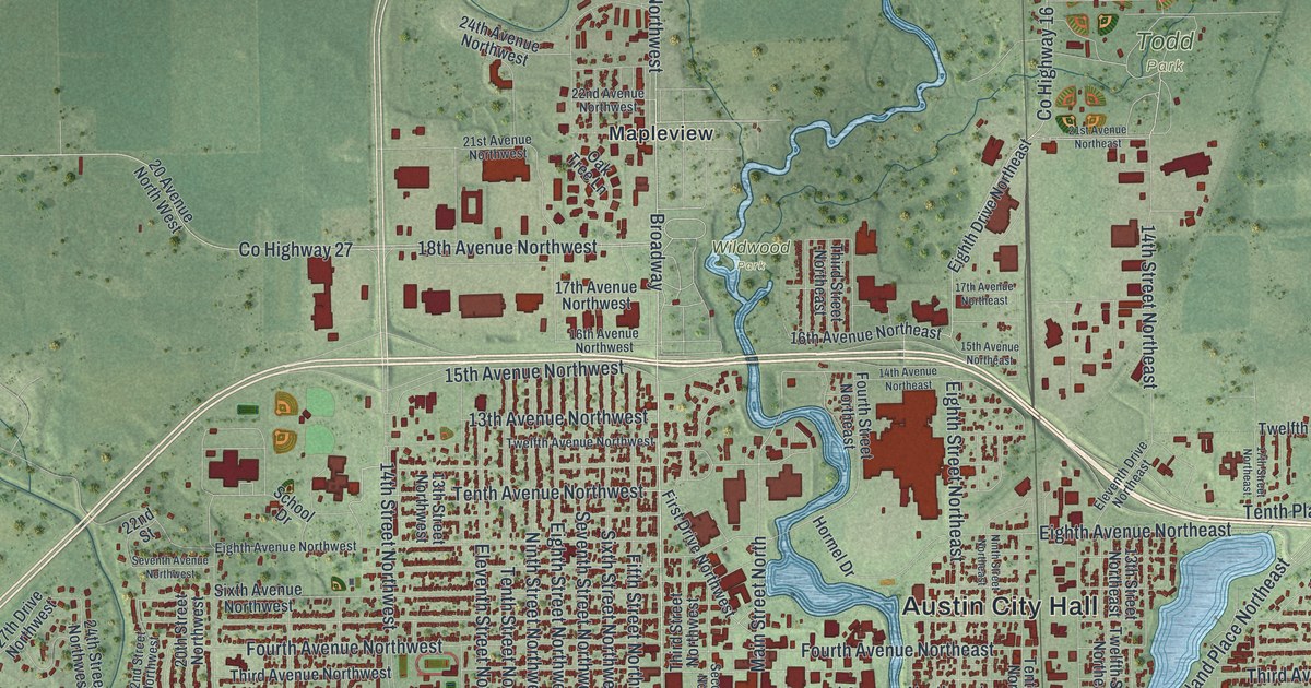 Map of Austin, Minnesota in 2026