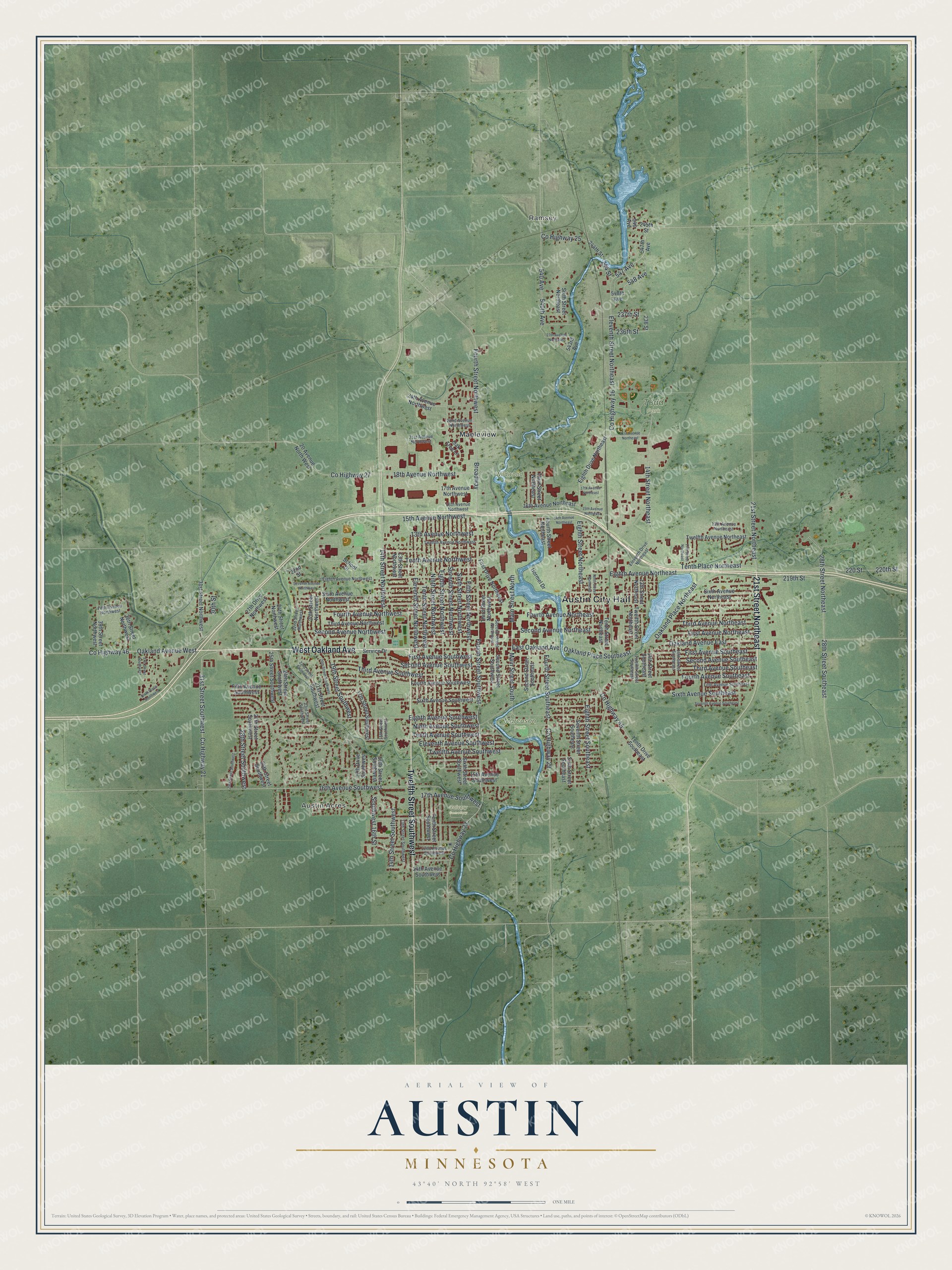 Full map of Austin, Minnesota, with red buildings, printed street names and the land around them