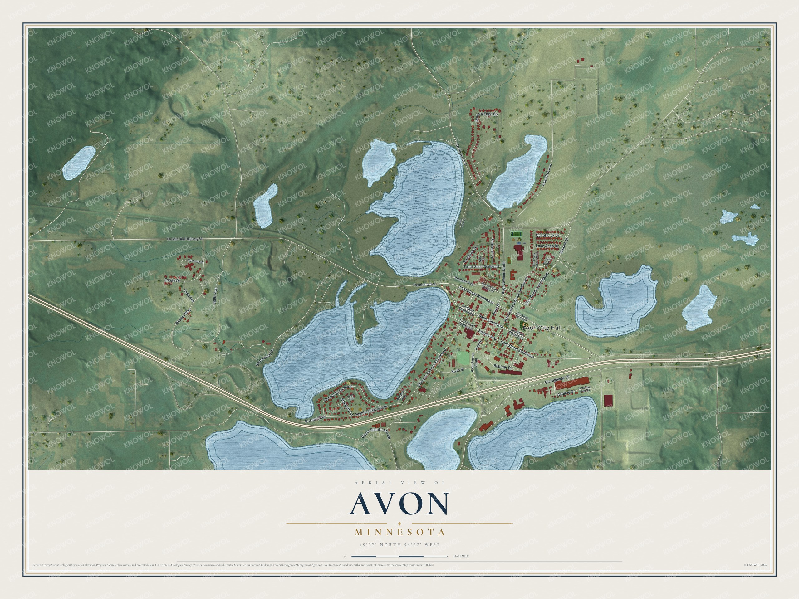 Full map of Avon, Minnesota, with red buildings, printed street names and the land around them