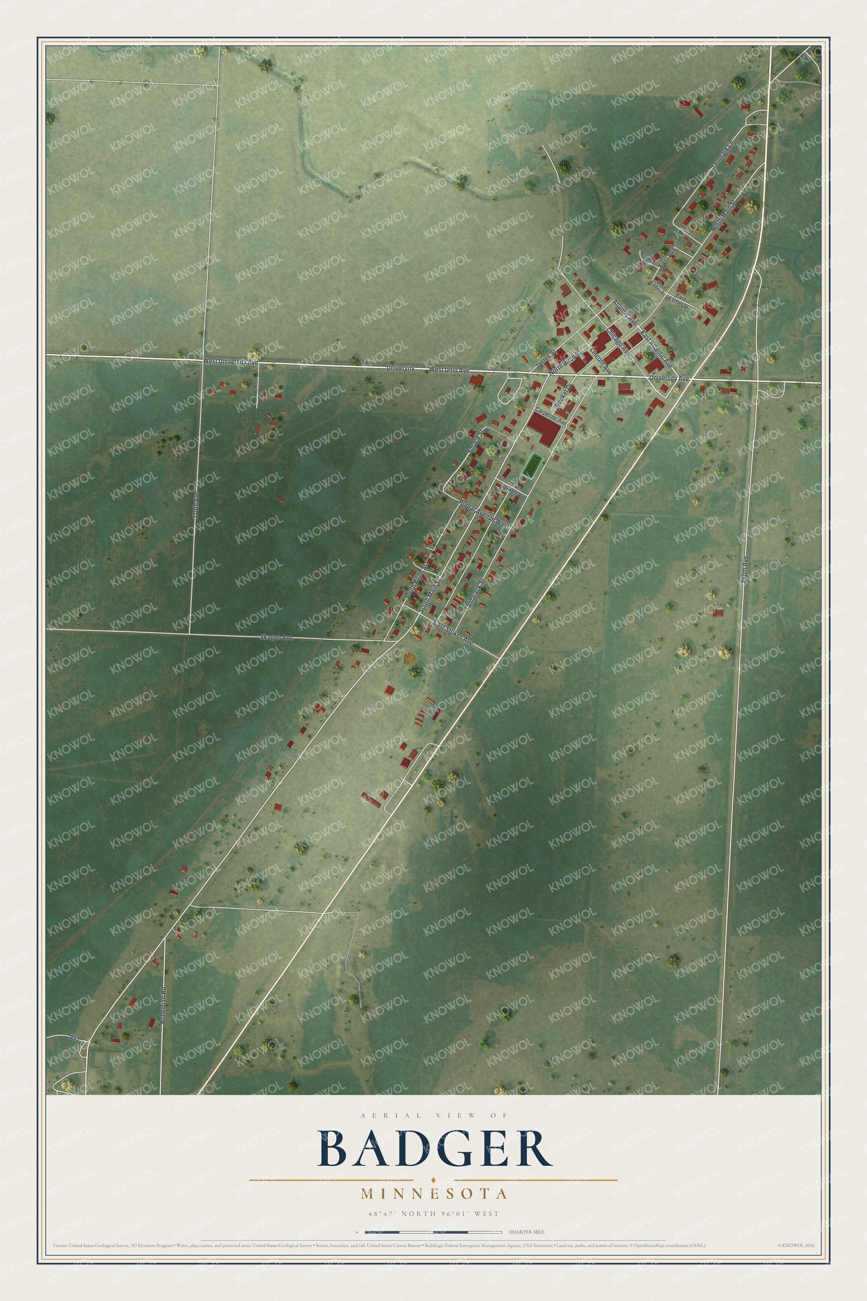 Full map of Badger, Minnesota, with red buildings, printed street names and the land around them