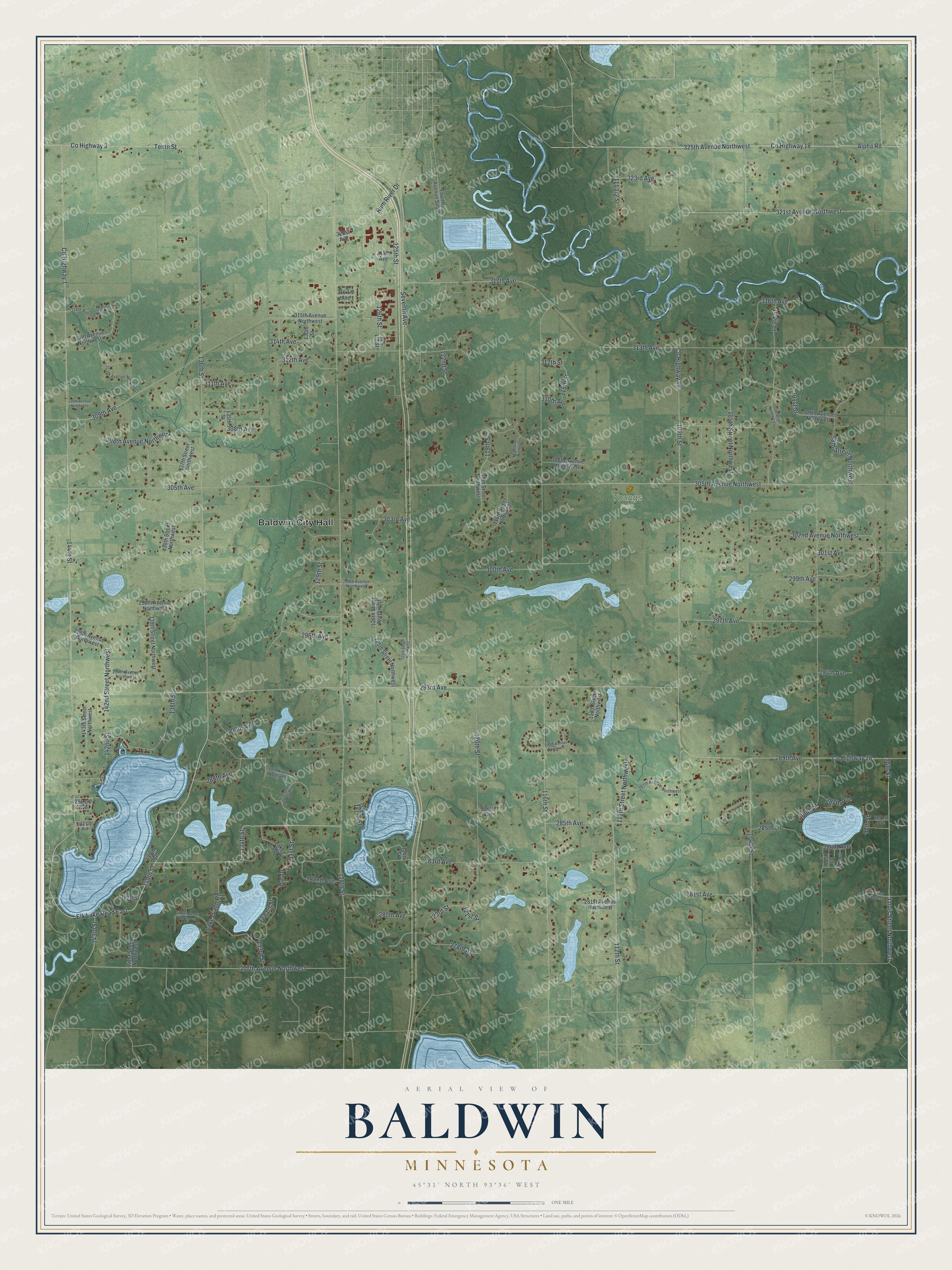 Full map of Baldwin, Minnesota, with red buildings, printed street names and the land around them