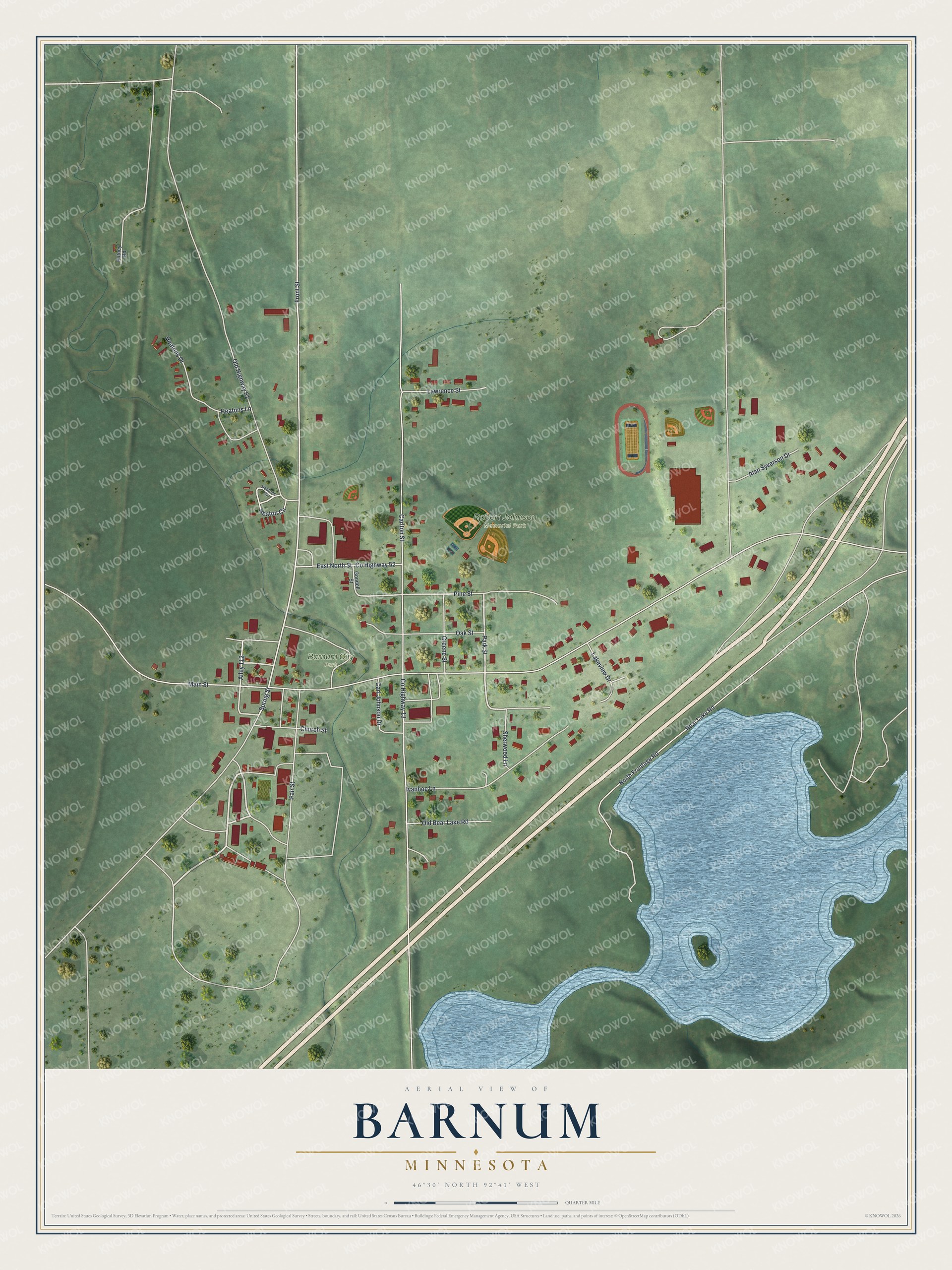 Full map of Barnum, Minnesota, with red buildings, printed street names and the land around them