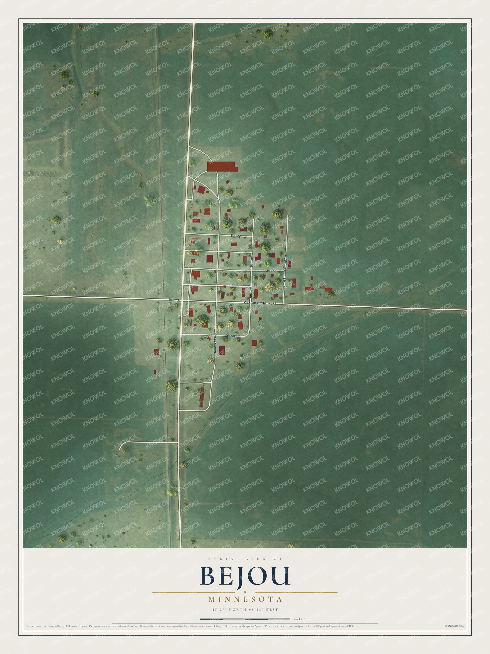 Full map of Bejou, Minnesota, with red buildings, printed street names and the land around them