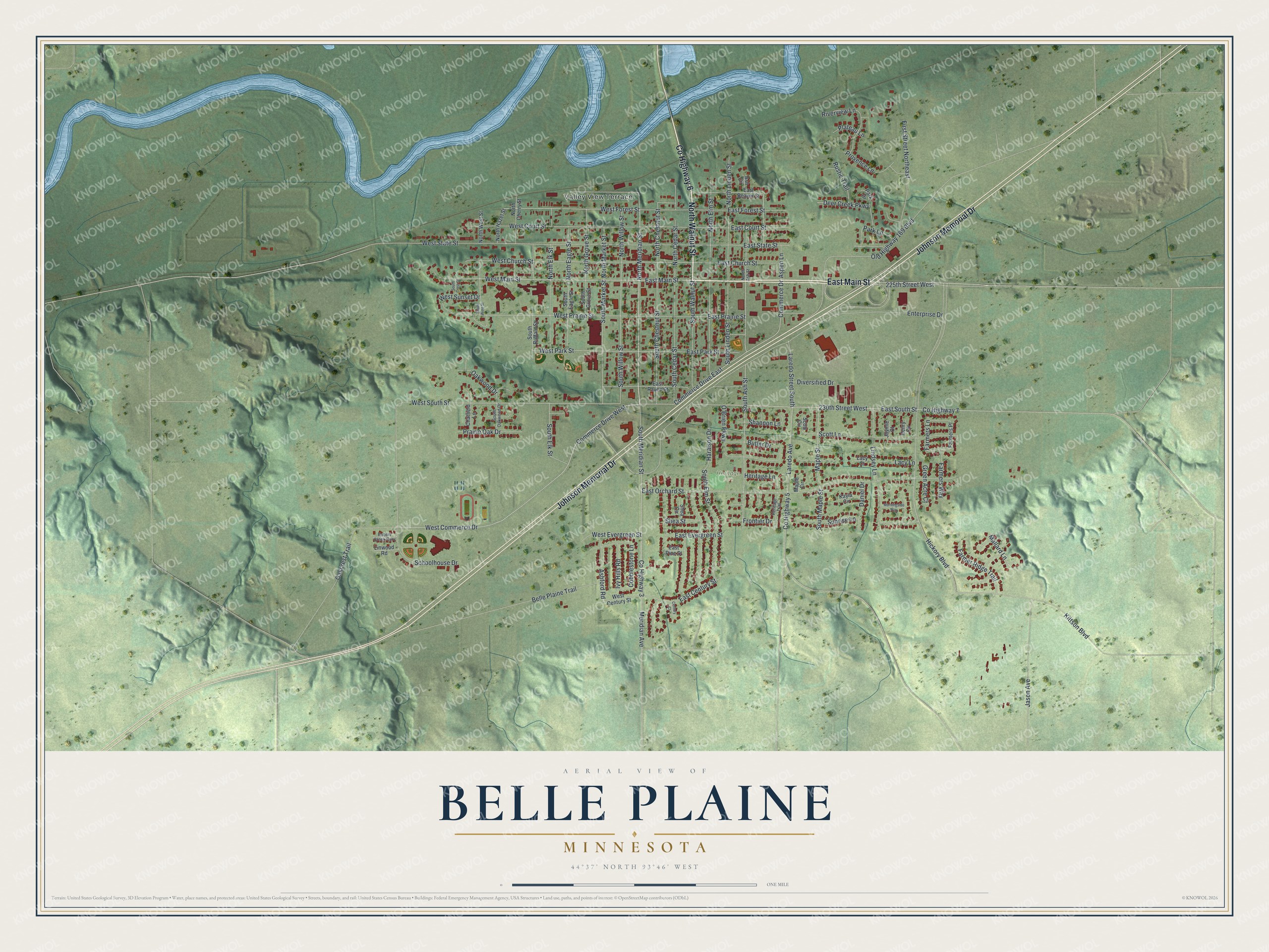 Full map of Belle Plaine, Minnesota, with red buildings, printed street names and the land around them