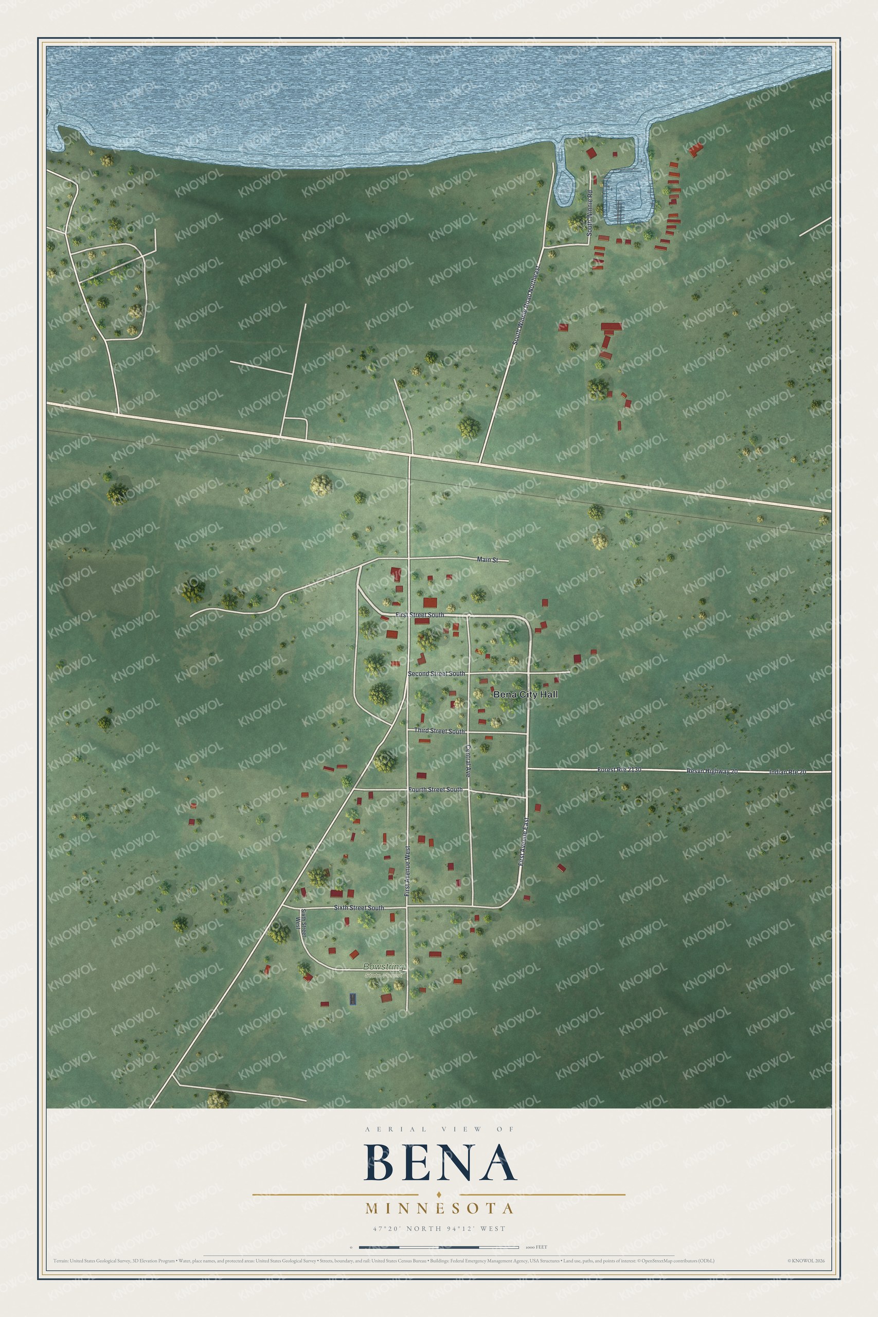 Full map of Bena, Minnesota, with red buildings, printed street names and the land around them