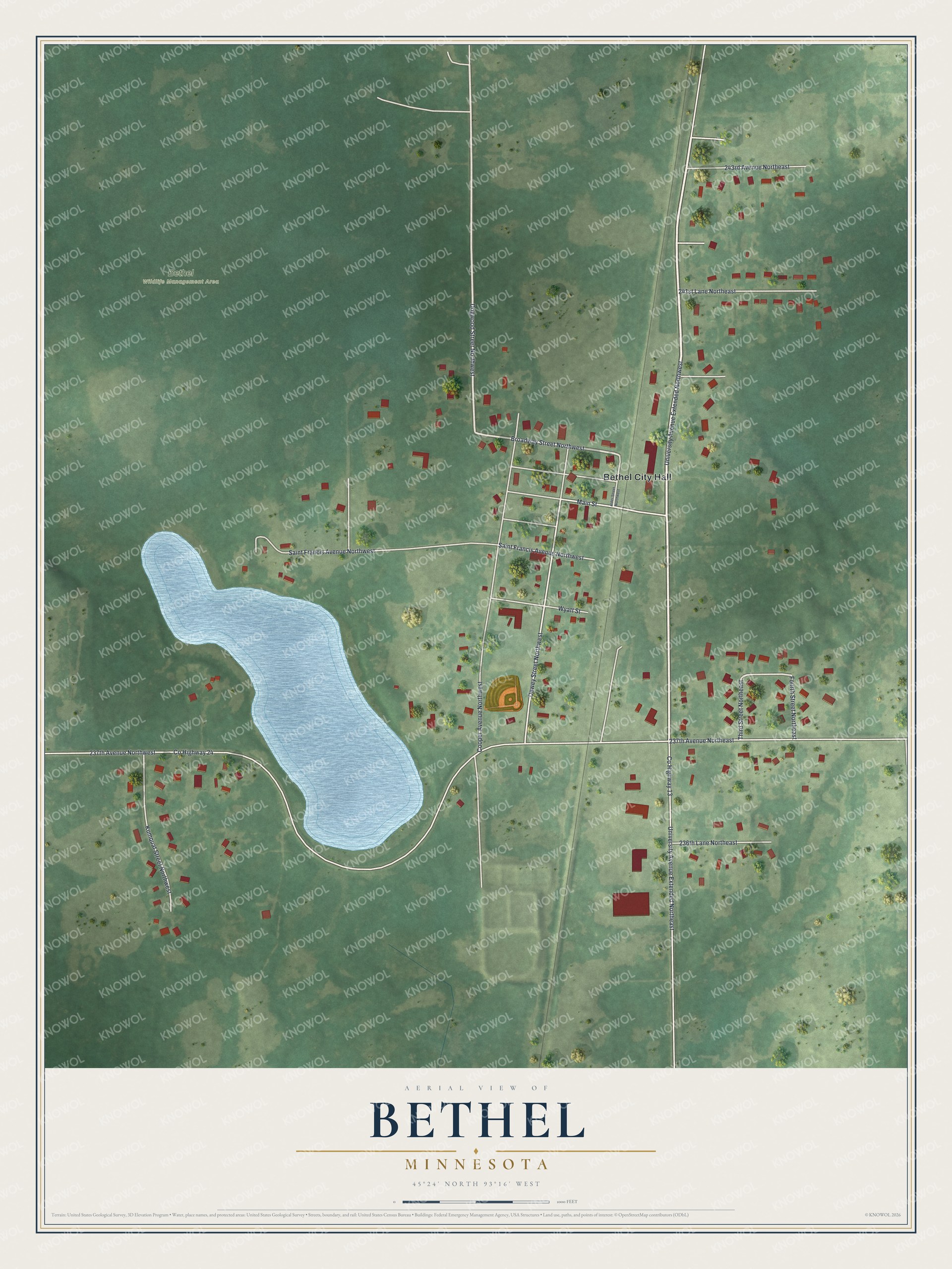 Full map of Bethel, Minnesota, with red buildings, printed street names and the land around them