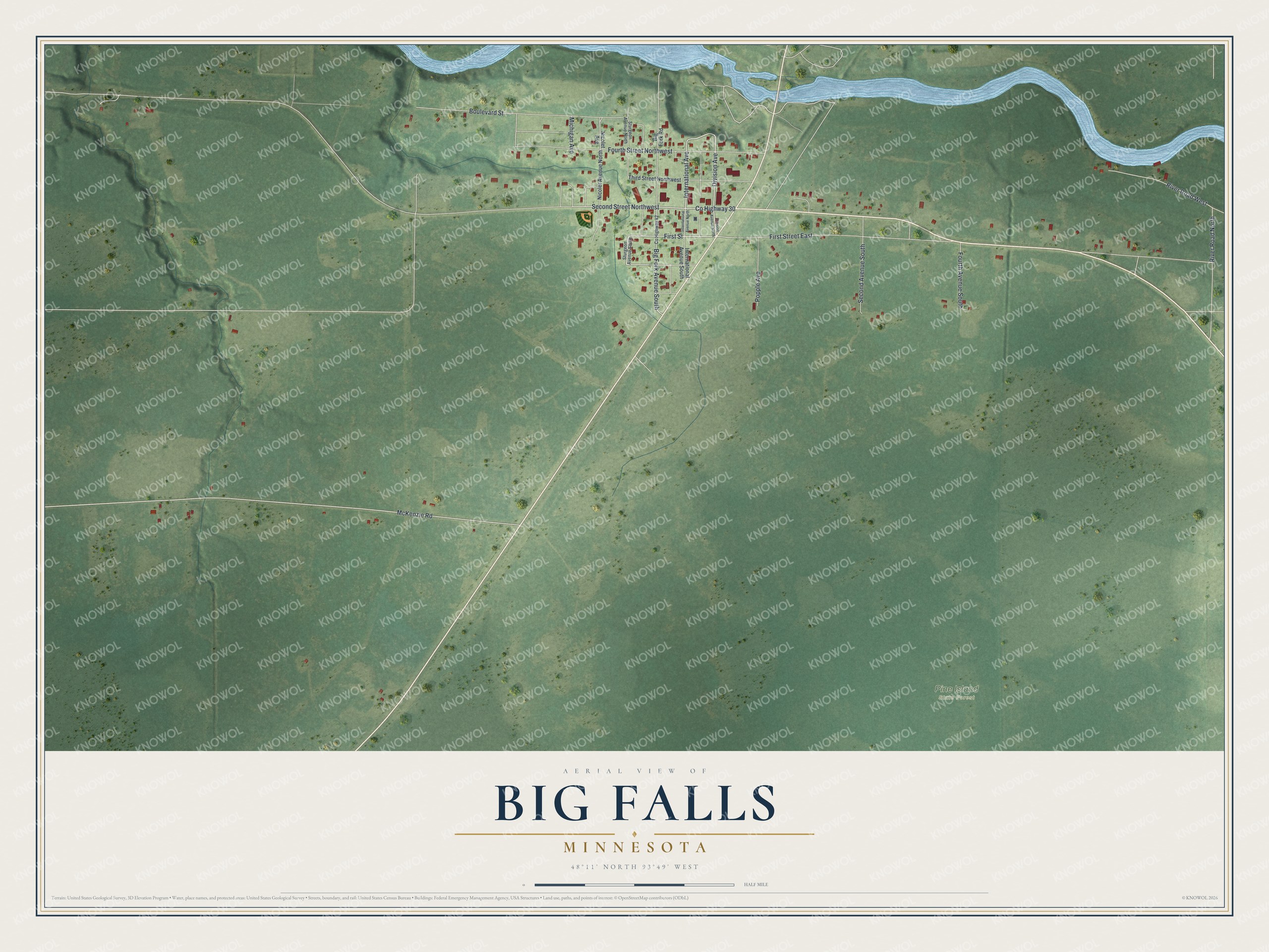 Full map of Big Falls, Minnesota, with red buildings, printed street names and the land around them