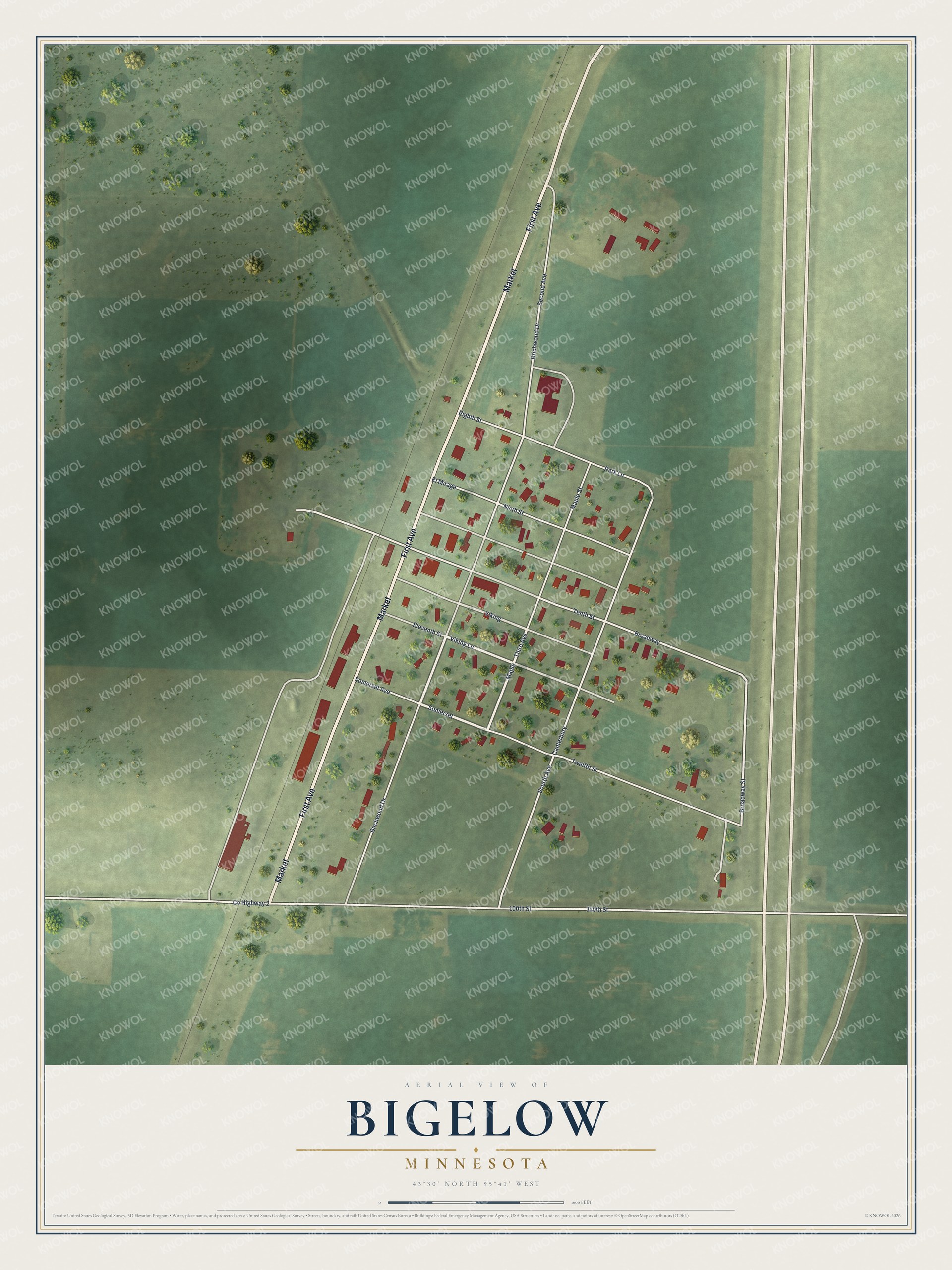 Full map of Bigelow, Minnesota, with red buildings, printed street names and the land around them