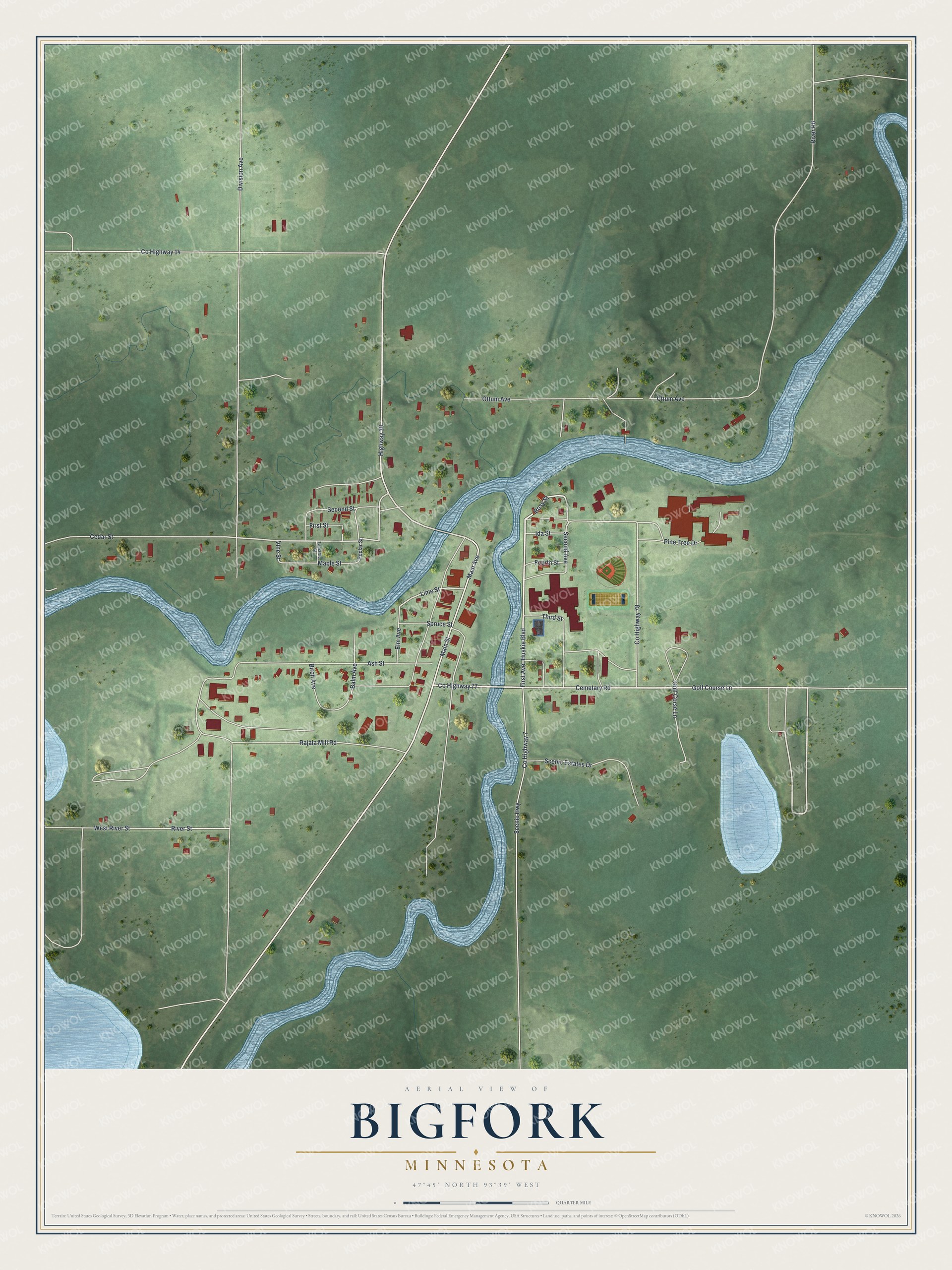 Full map of Bigfork, Minnesota, with red buildings, printed street names and the land around them