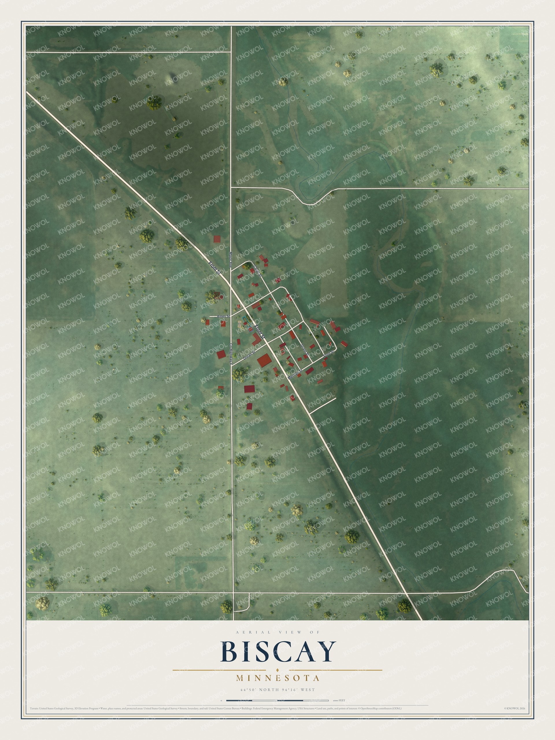 Full map of Biscay, Minnesota, with red buildings, printed street names and the land around them