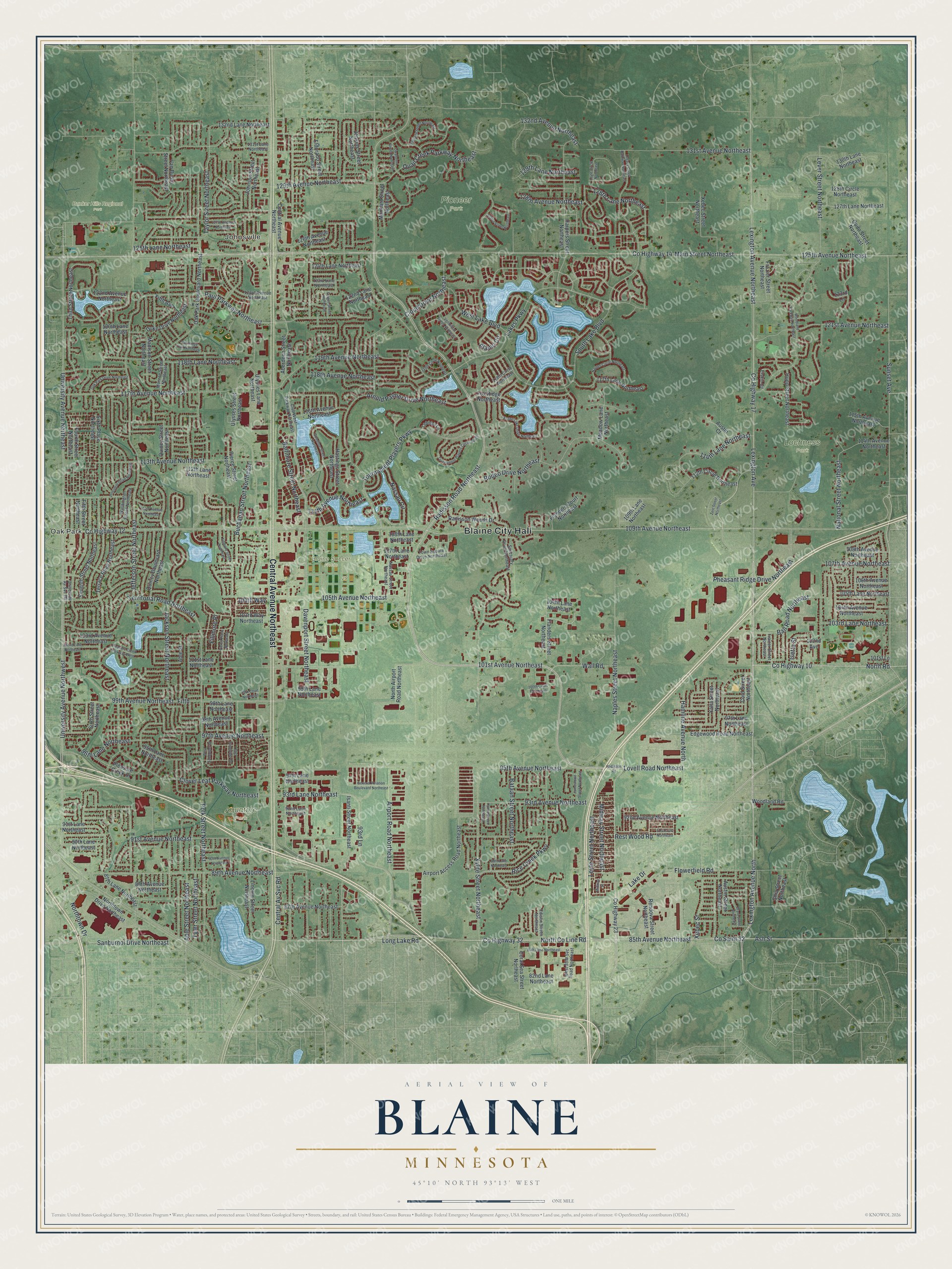 Full map of Blaine, Minnesota, with red buildings, printed street names and the land around them