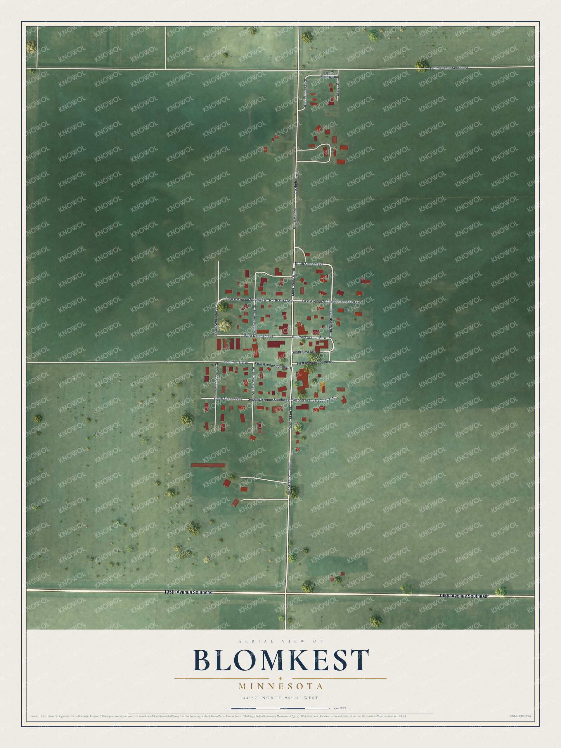 Full map of Blomkest, Minnesota, with red buildings, printed street names and the land around them