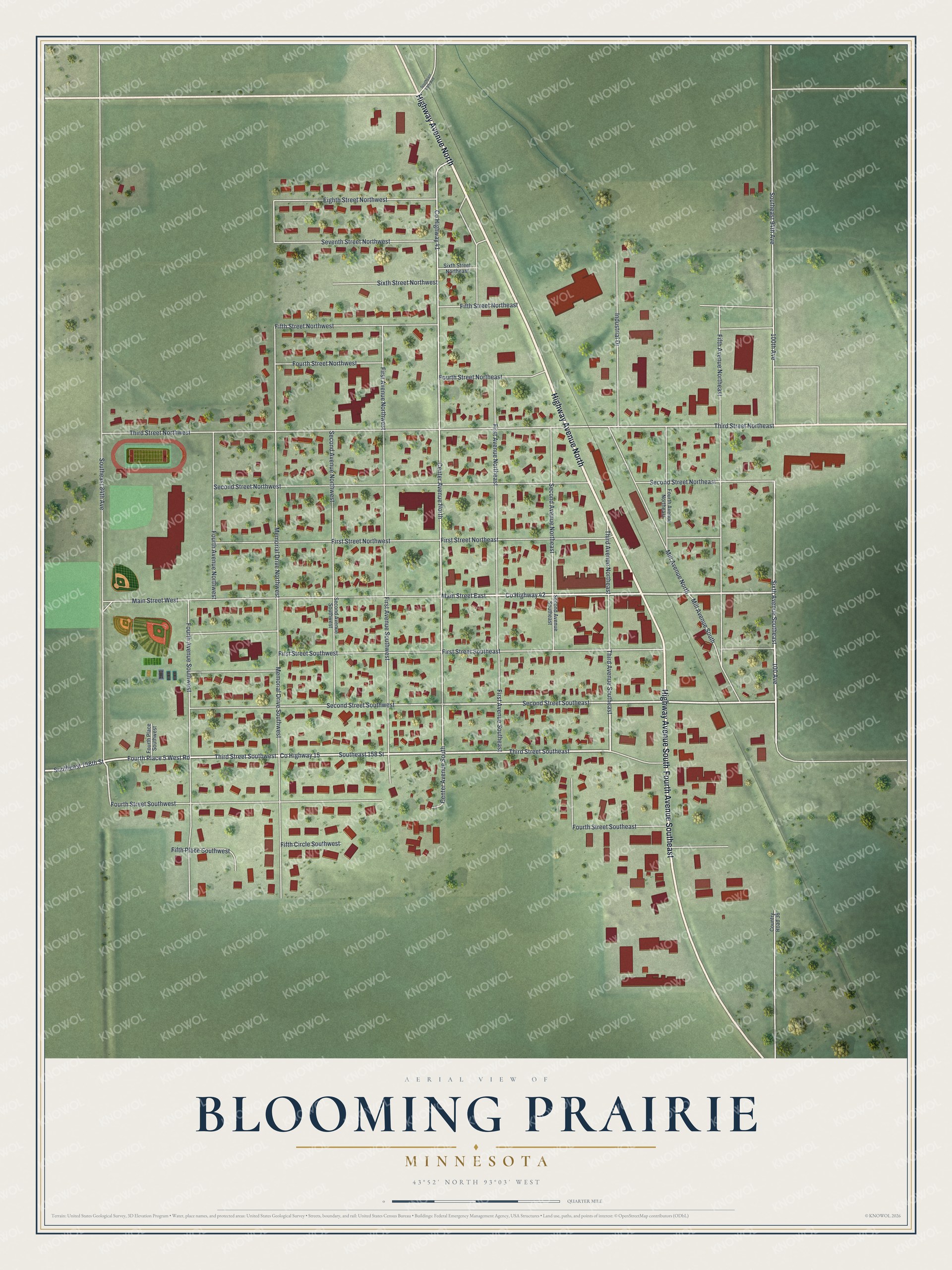 Full map of Blooming Prairie, Minnesota, with red buildings, printed street names and the land around them