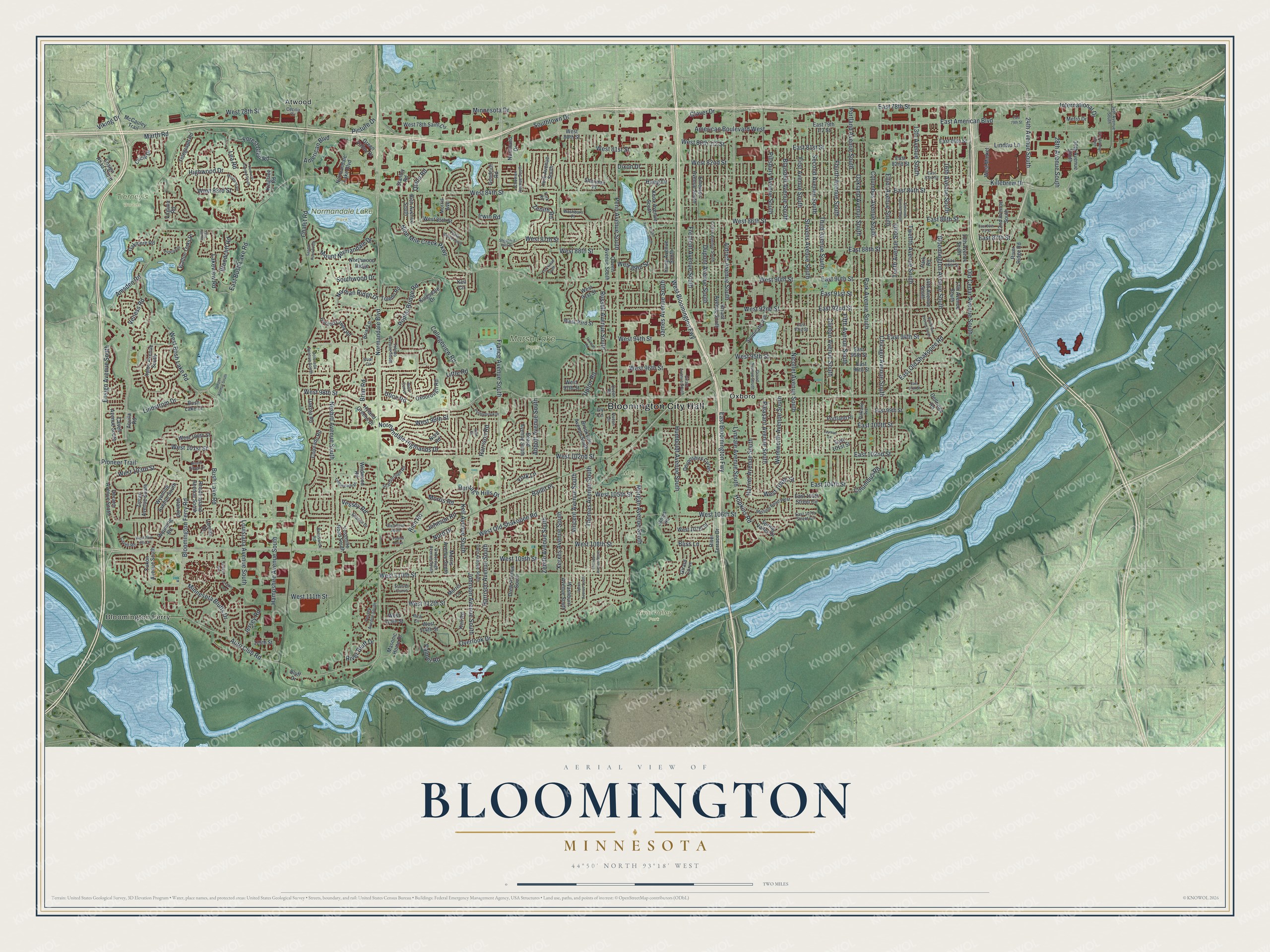 Full map of Bloomington, Minnesota, with red buildings, printed street names and the land around them