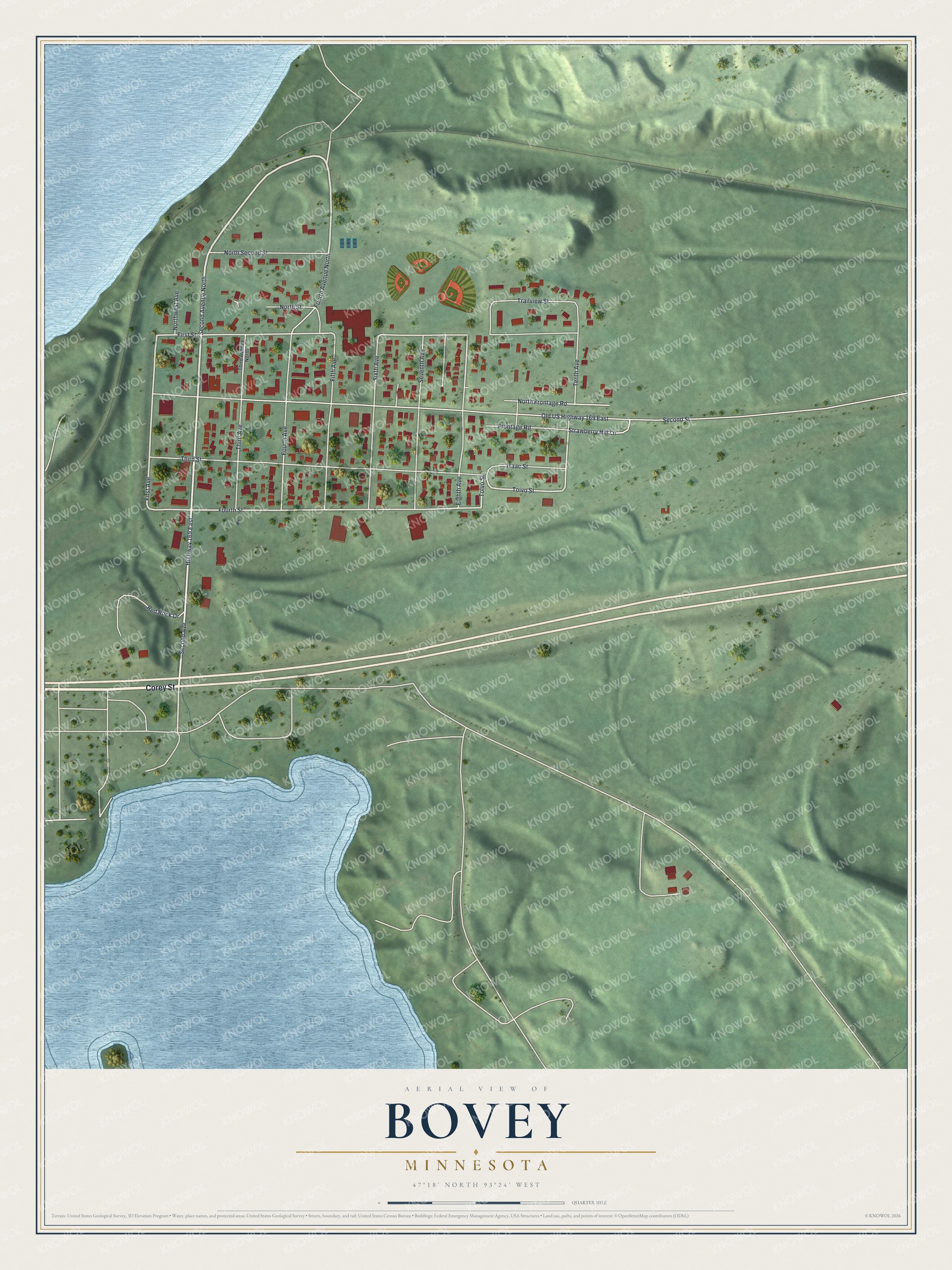 Full map of Bovey, Minnesota, with red buildings, printed street names and the land around them