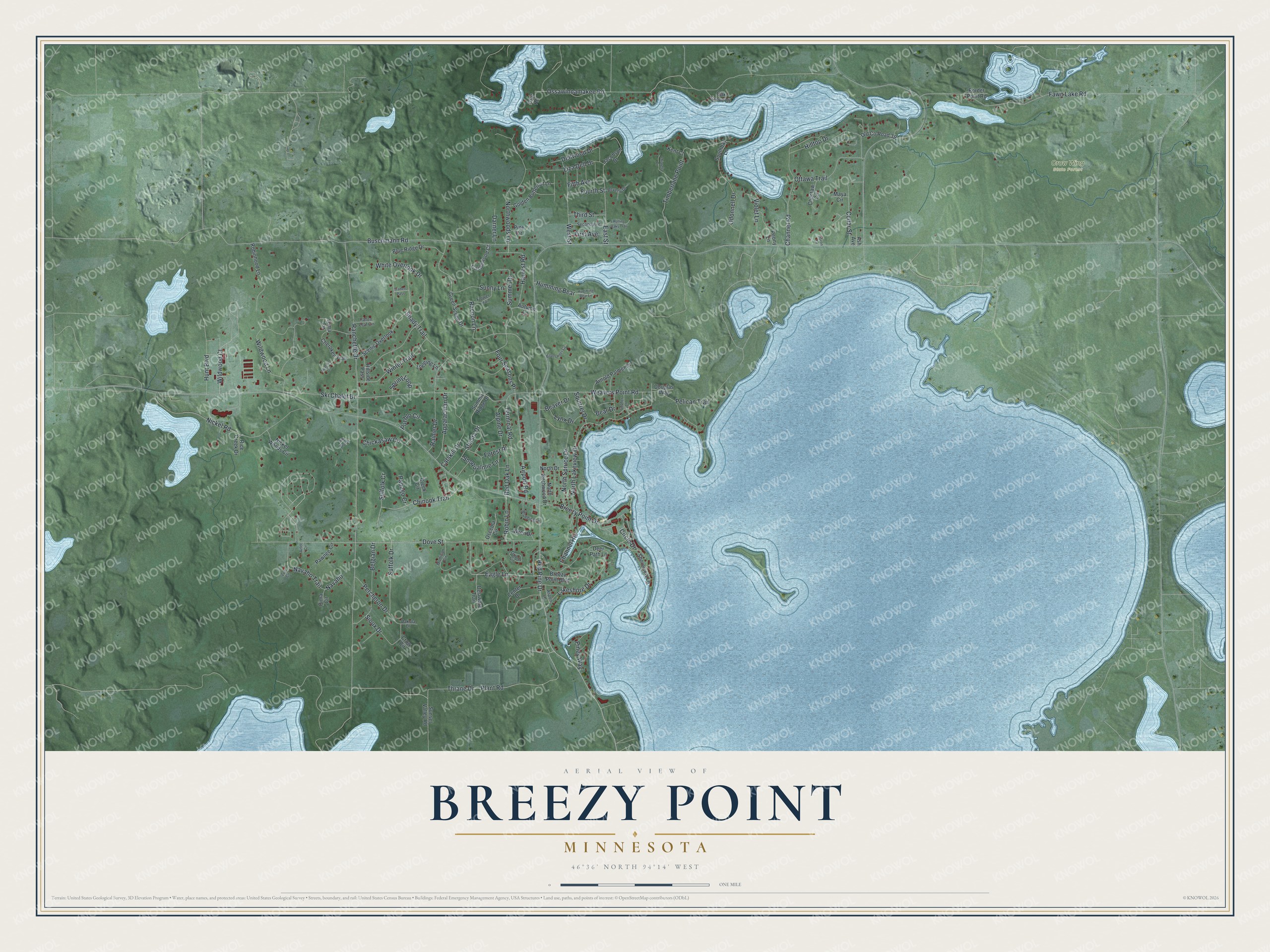 Full map of Breezy Point, Minnesota, with red buildings, printed street names and the land around them