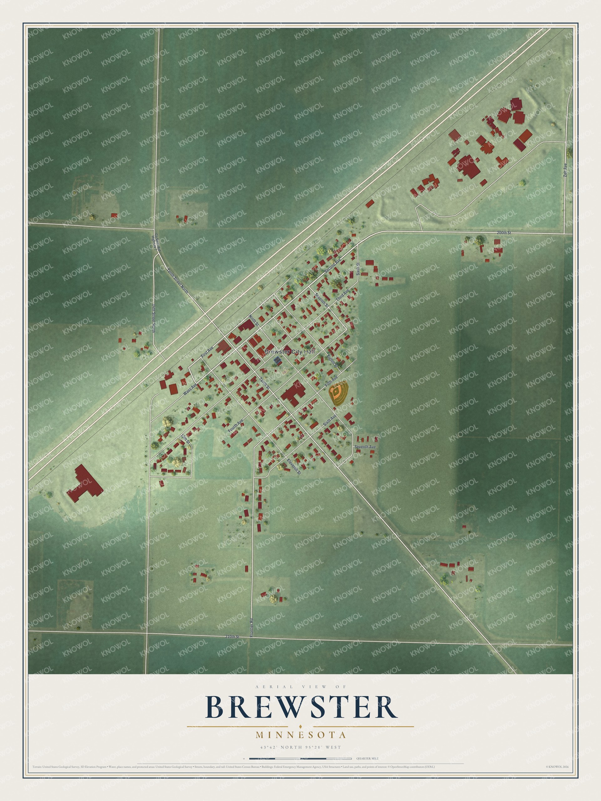 Full map of Brewster, Minnesota, with red buildings, printed street names and the land around them