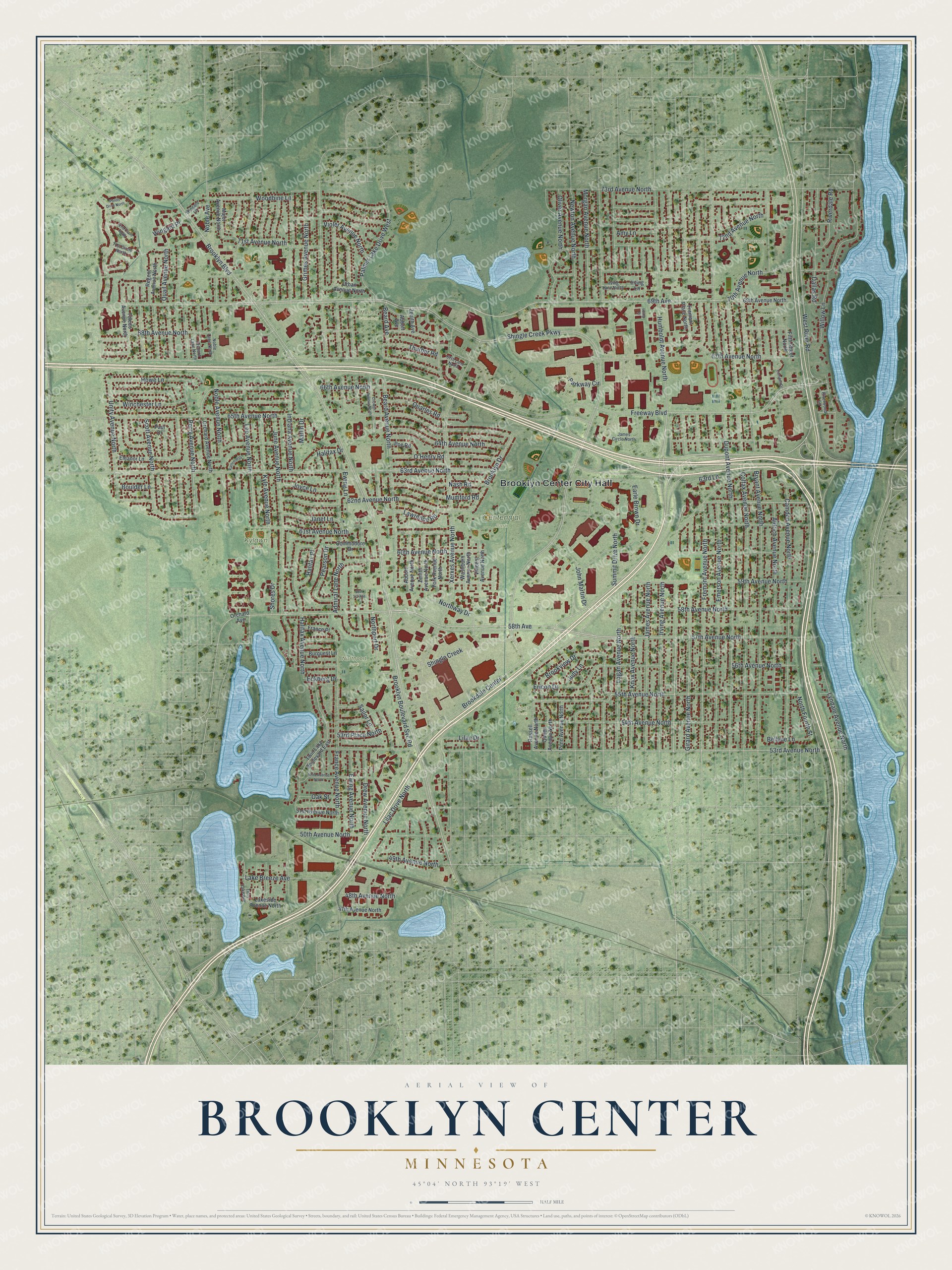 Full map of Brooklyn Center, Minnesota, with red buildings, printed street names and the land around them