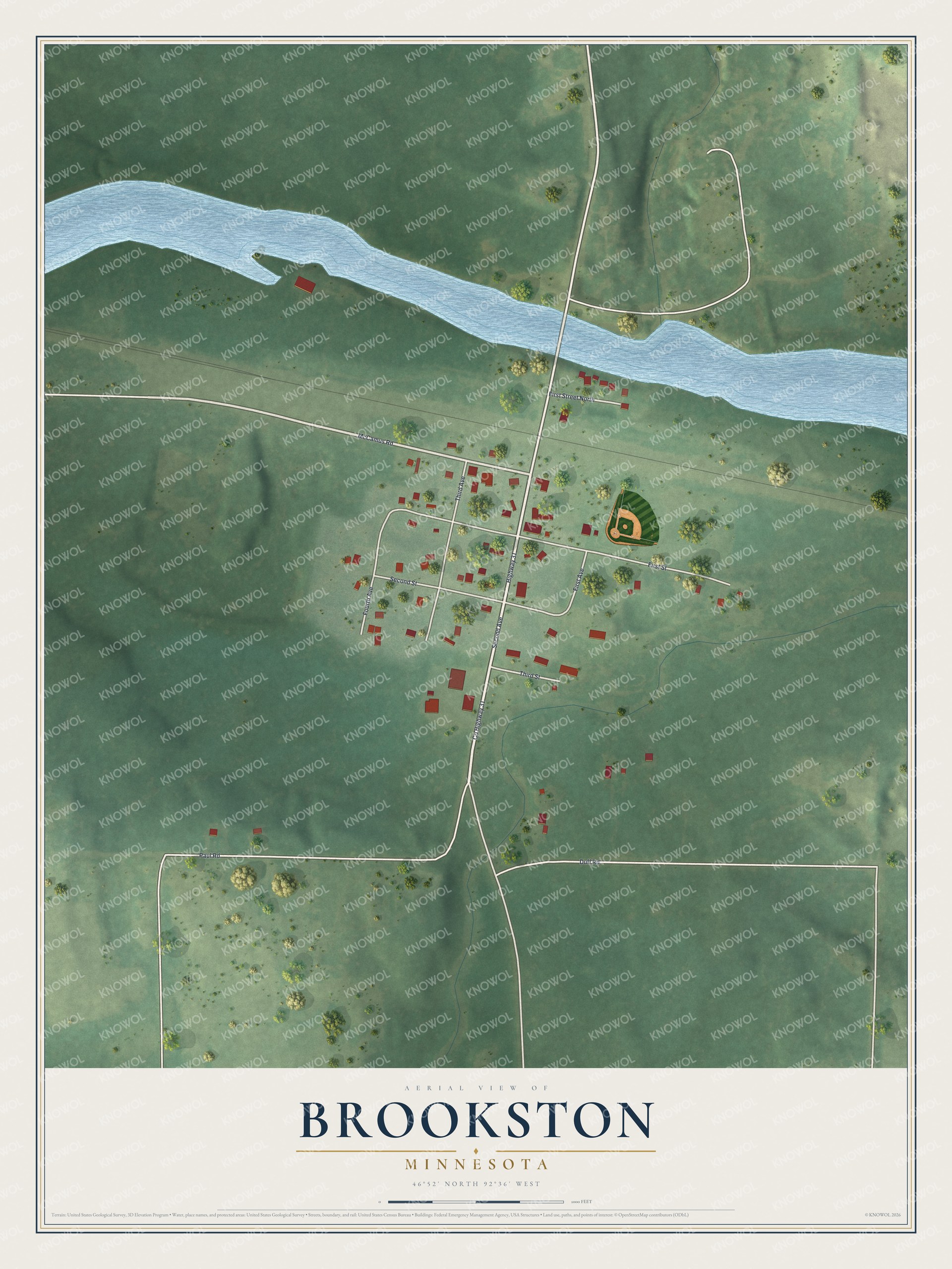 Full map of Brookston, Minnesota, with red buildings, printed street names and the land around them