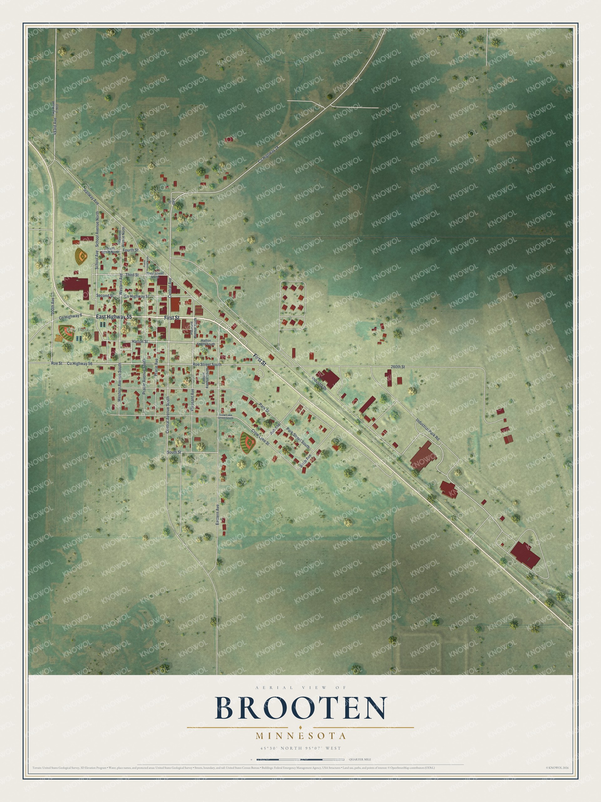 Full map of Brooten, Minnesota, with red buildings, printed street names and the land around them
