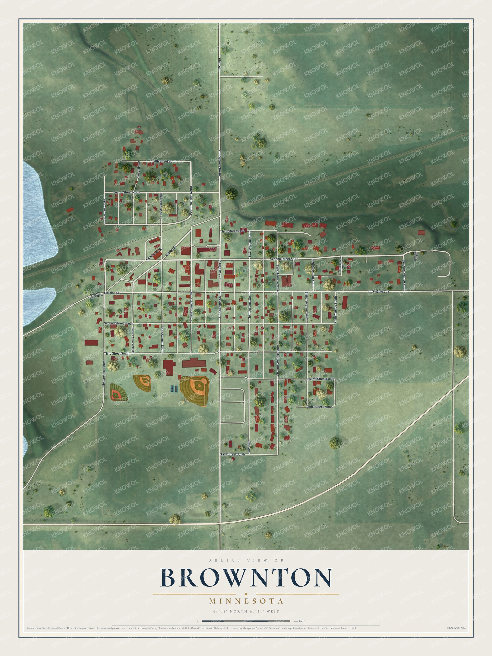Full map of Brownton, Minnesota, with red buildings, printed street names and the land around them