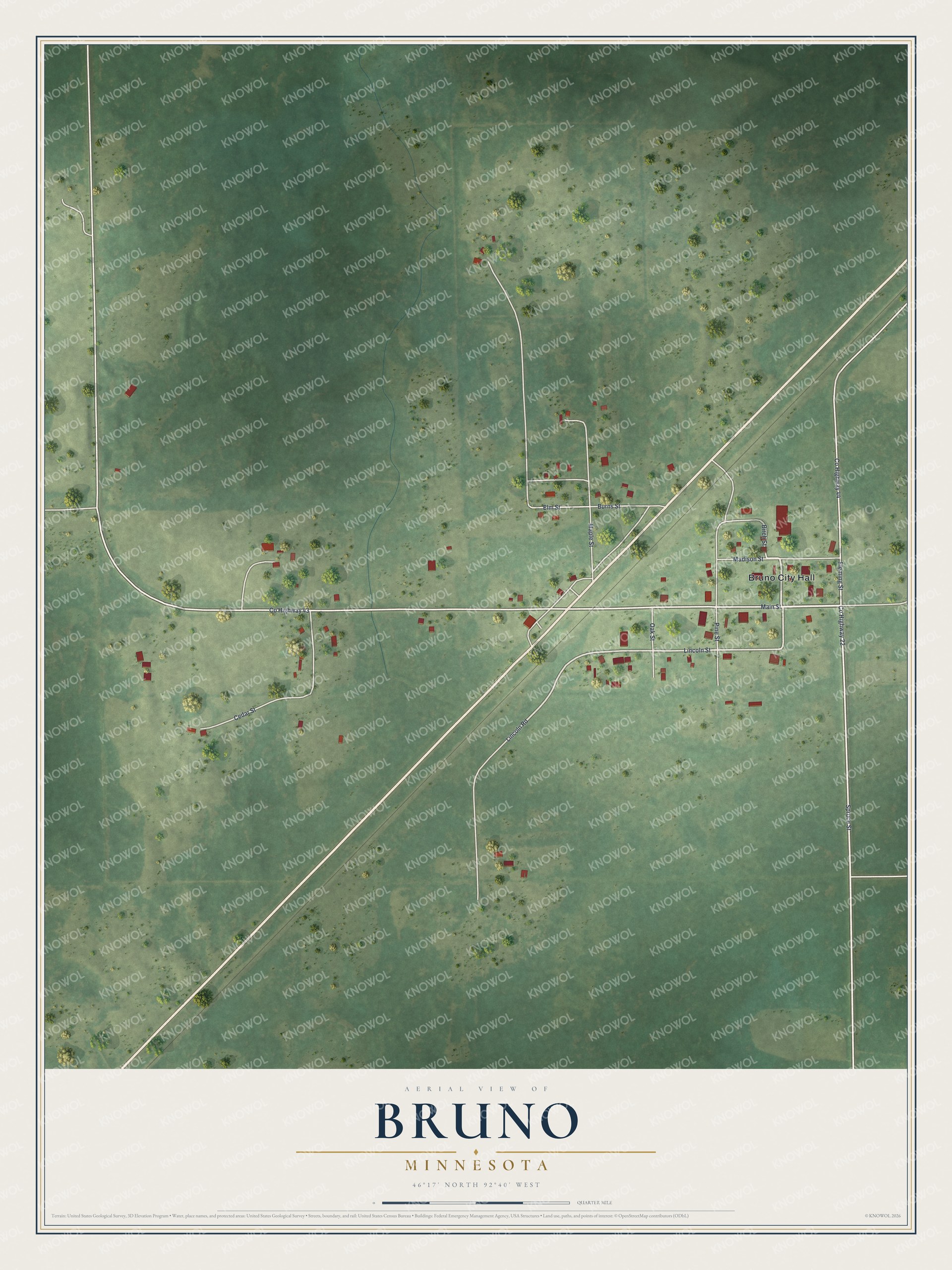Full map of Bruno, Minnesota, with red buildings, printed street names and the land around them