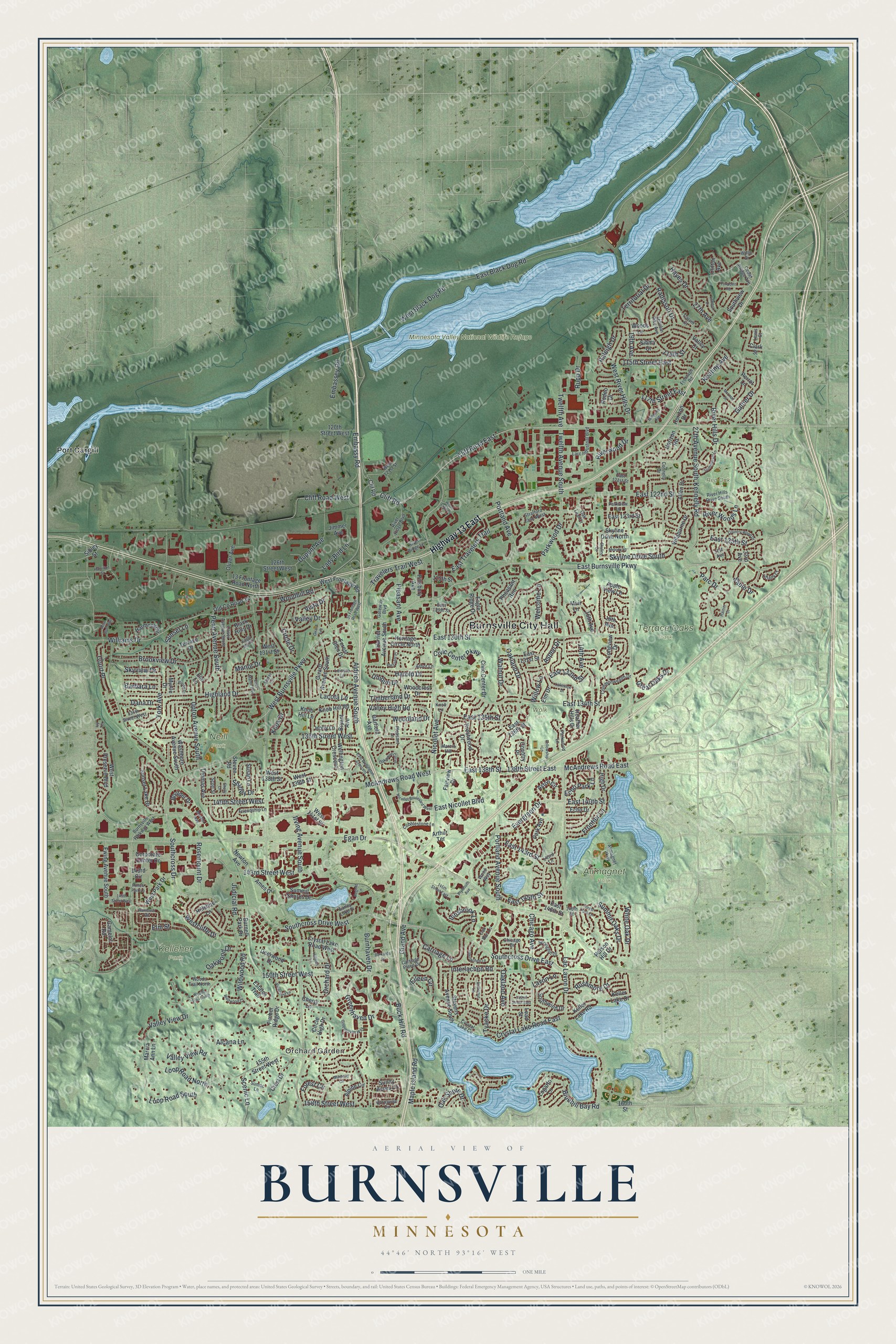Full map of Burnsville, Minnesota, with red buildings, printed street names and the land around them