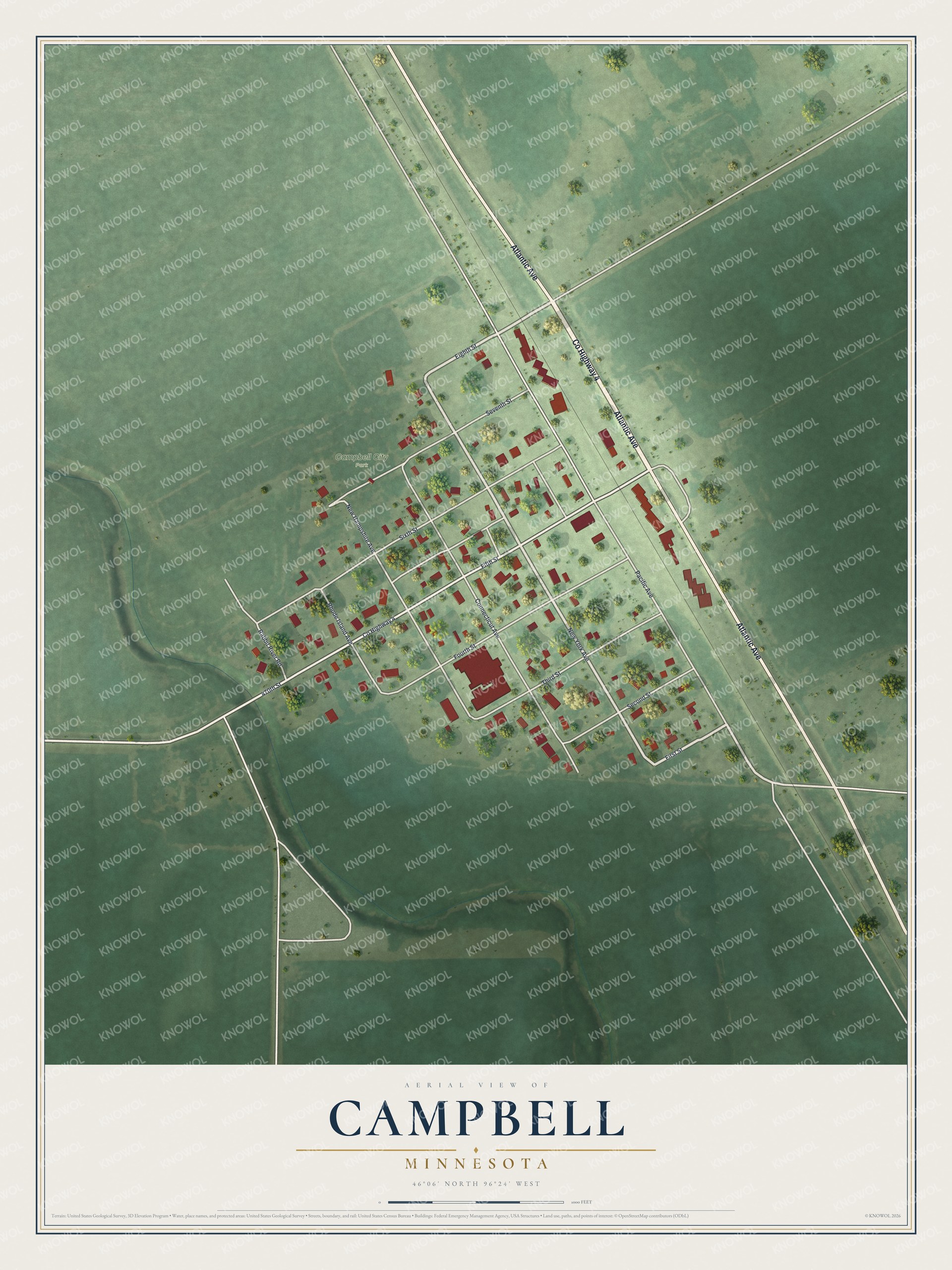 Full map of Campbell, Minnesota, with red buildings, printed street names and the land around them